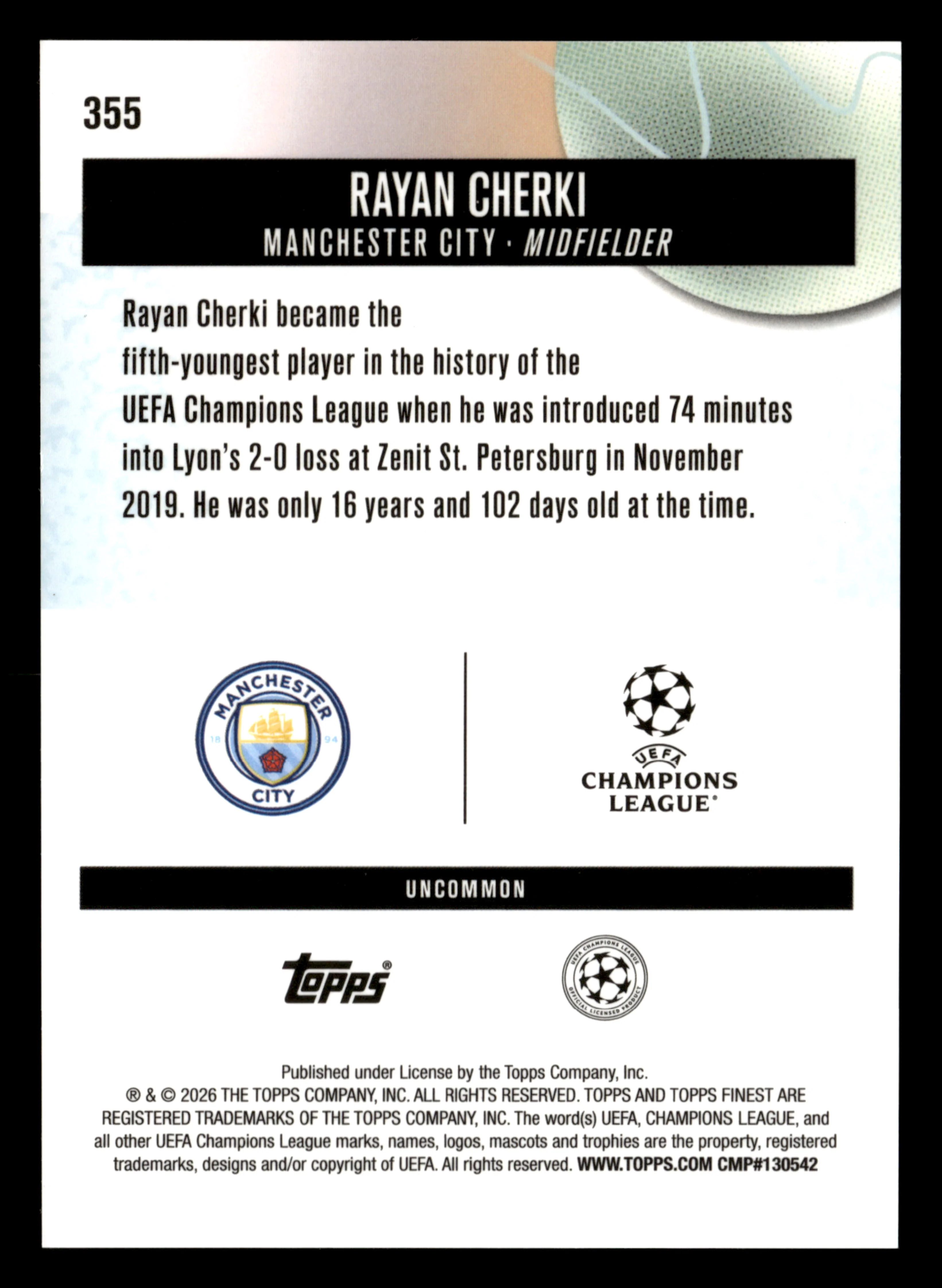 2025-26 Finest UCC #355 Rayan Cherki Purple Checkerboard Refractor #/99 - Image 2