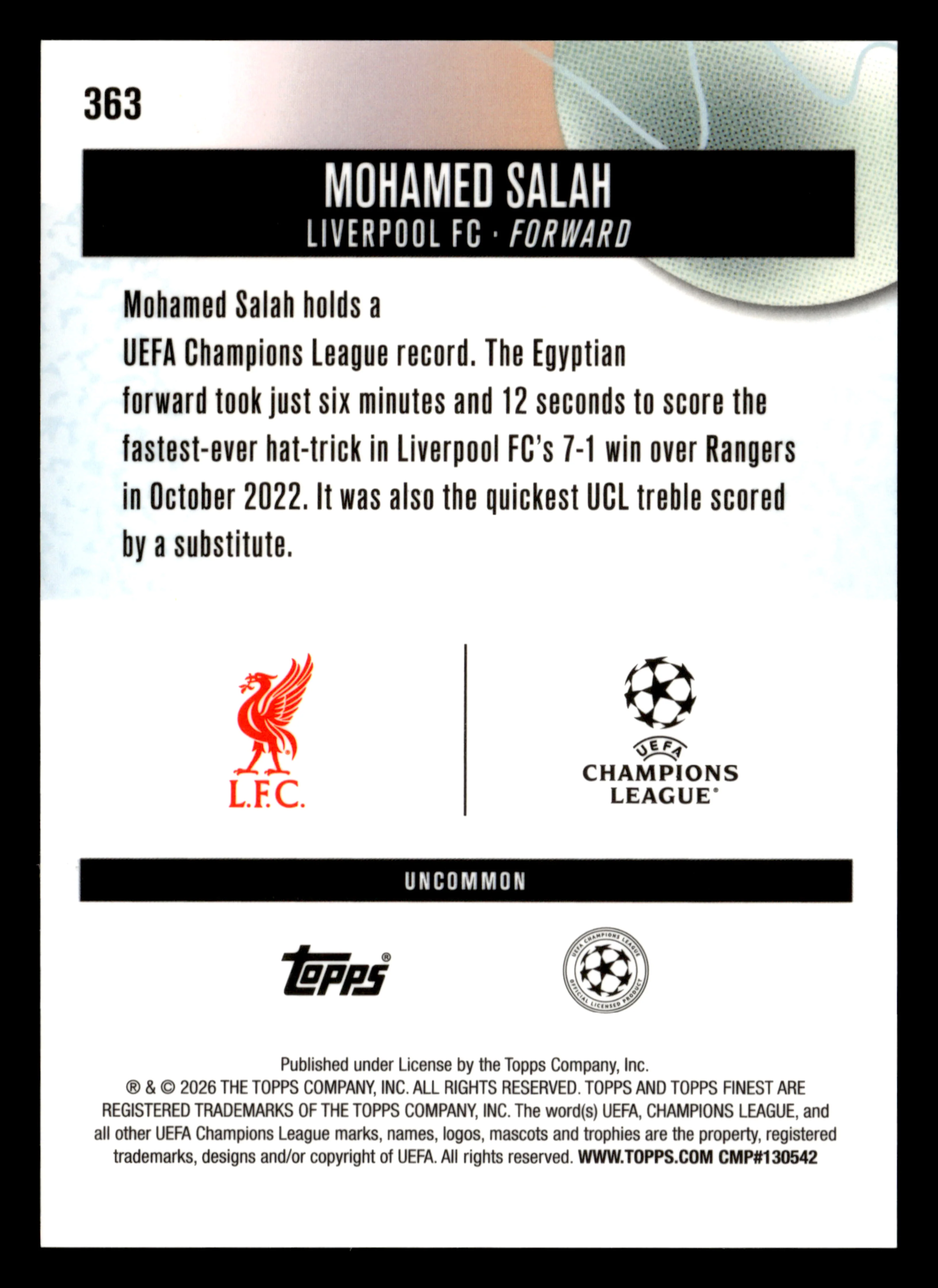 2025-26 Finest UCC #363 Mohamed Salah Purple Checkerboard Refractor #/99 - Image 2