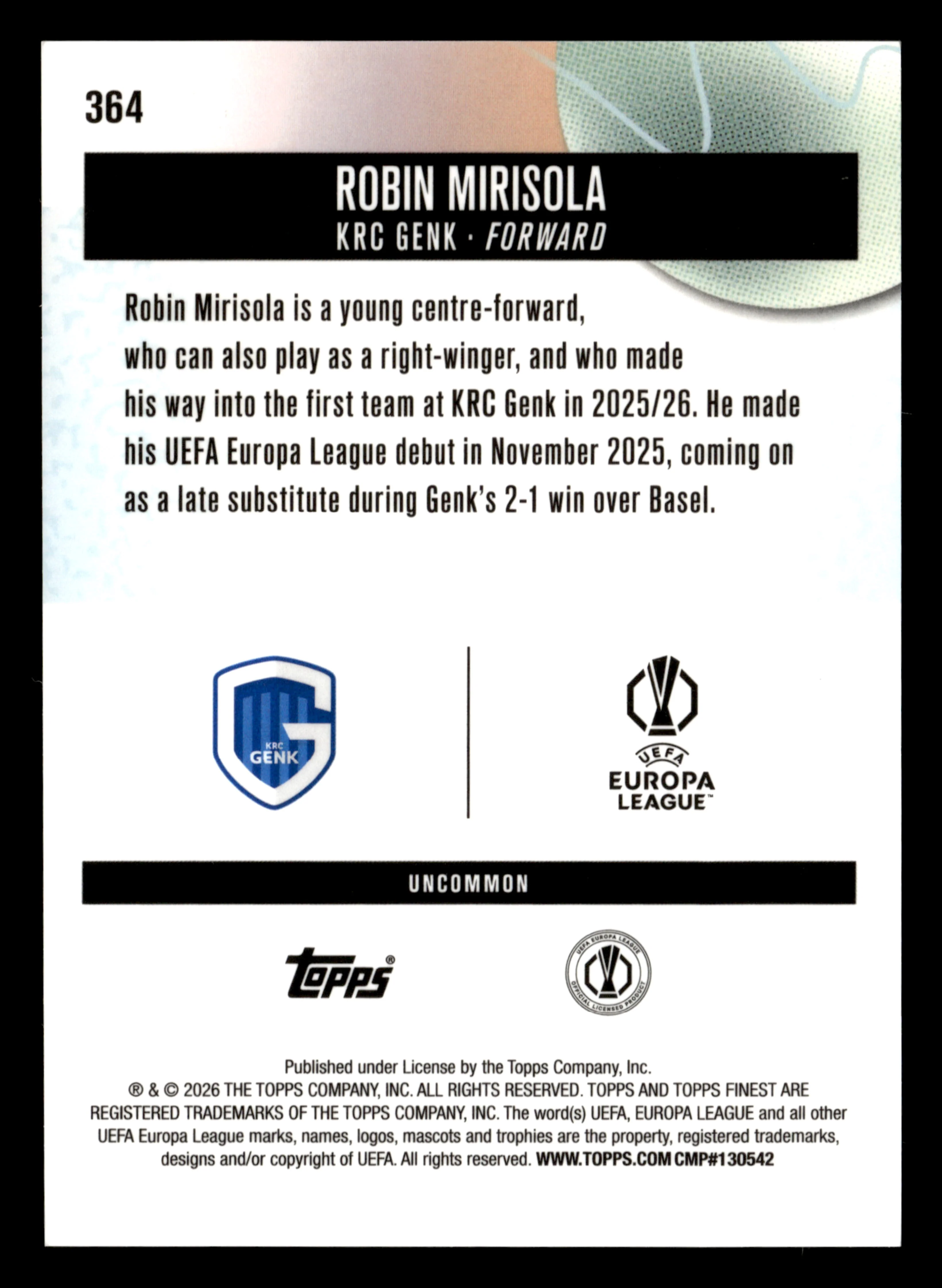2025-26 Finest UCC #364 Robin Mirisola Blue Checkerboard Refractor #/75 - Image 2