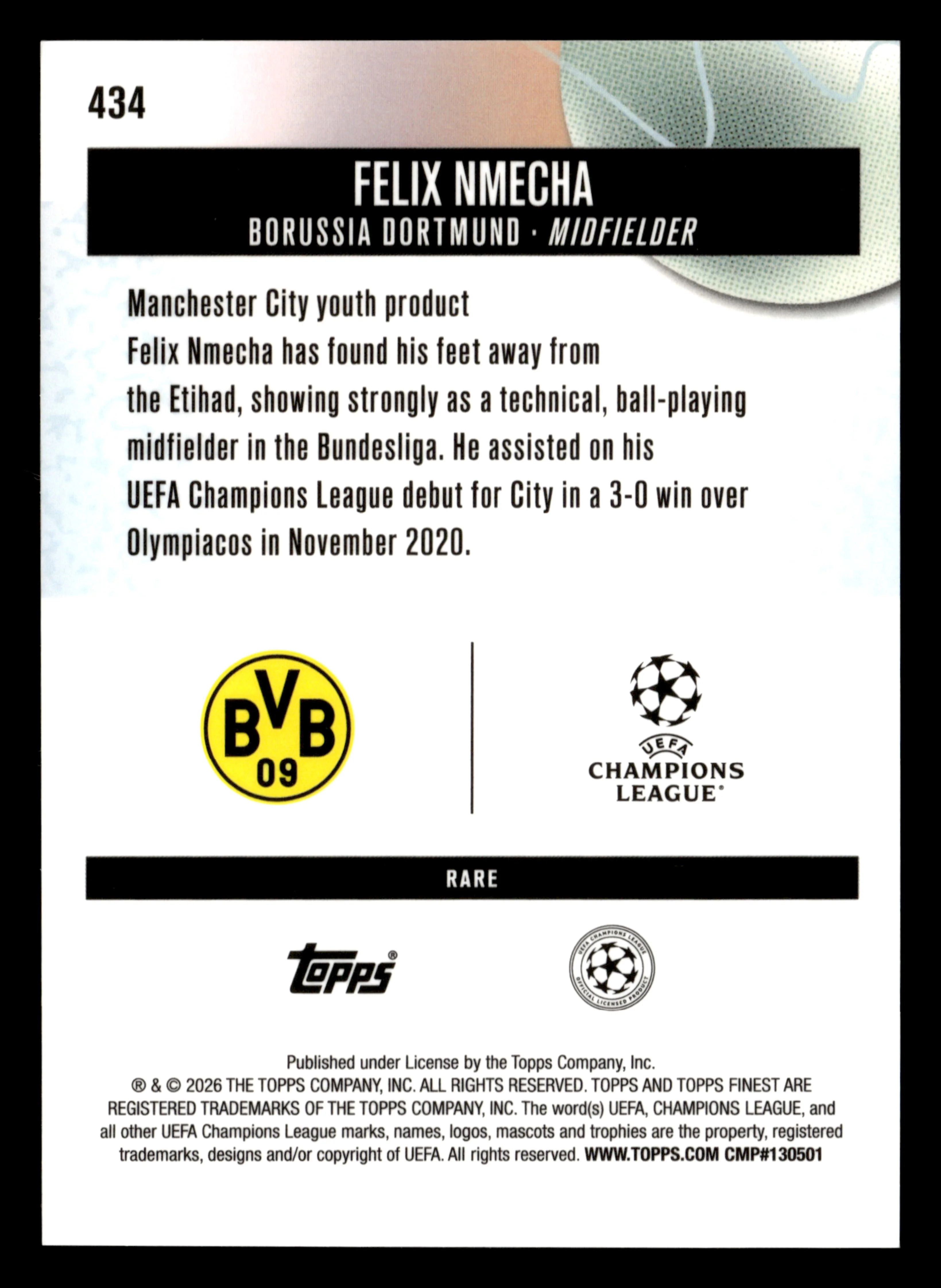2025-26 Finest UCC #434 Felix Nmecha Blue Checkerboard Refractor #/49 - Image 2