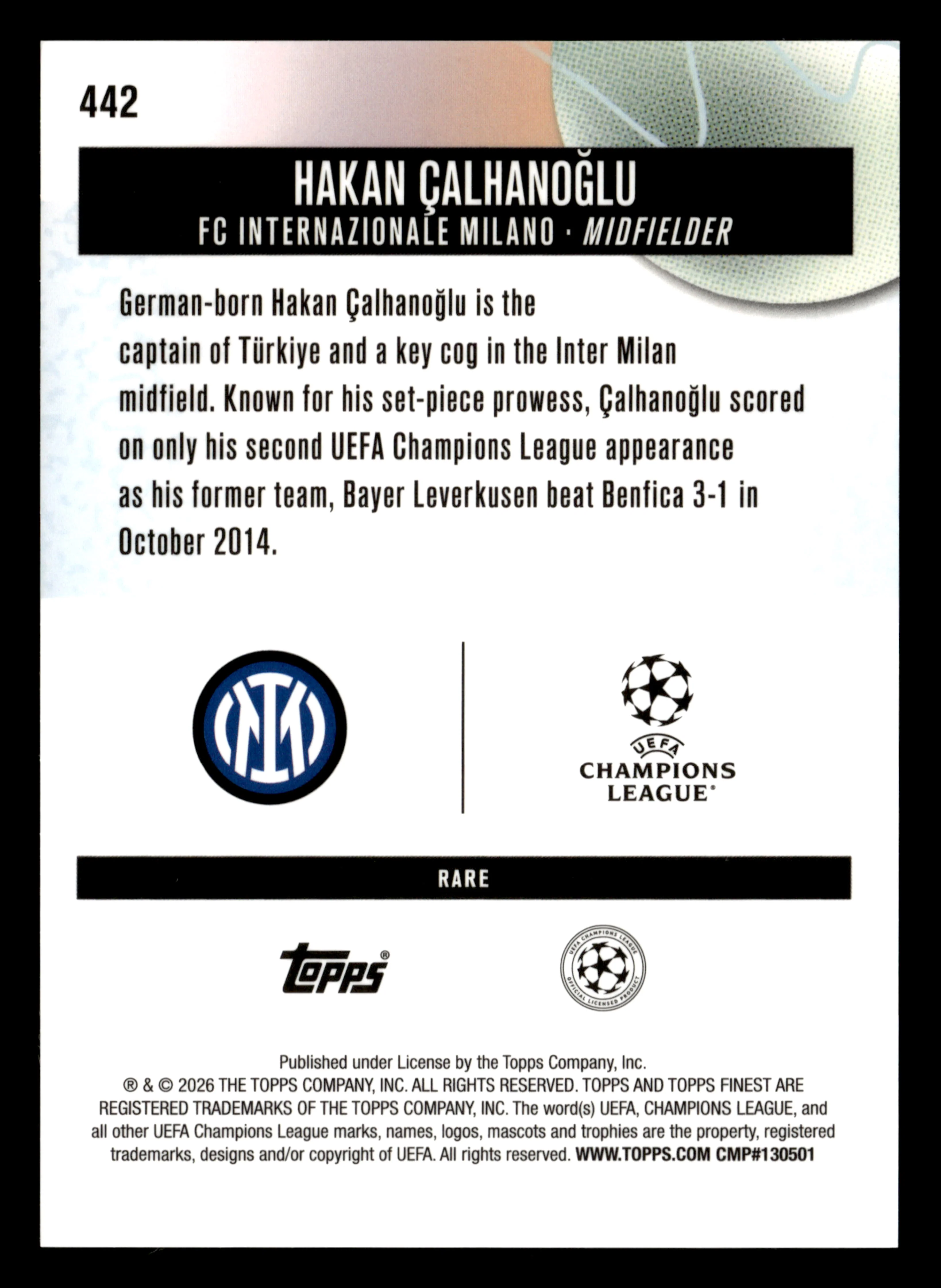 2025-26 Finest UCC #442 Hakan Çalhanoğlu Blue Refractor #/99 - Image 2