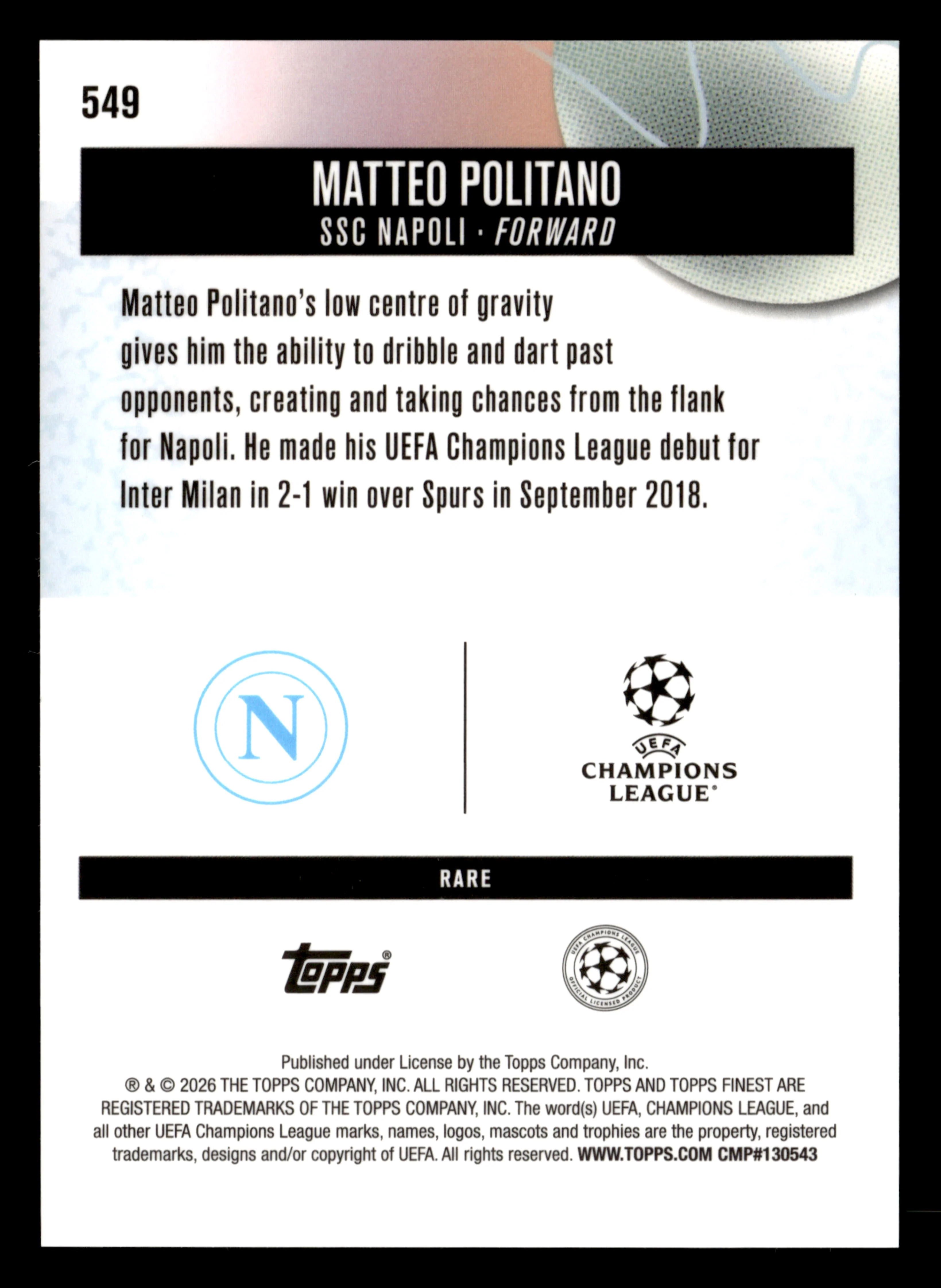 2025-26 Finest UCC #549 Matteo Politano Pearl Checkerboard Refractor #/30 - Image 2