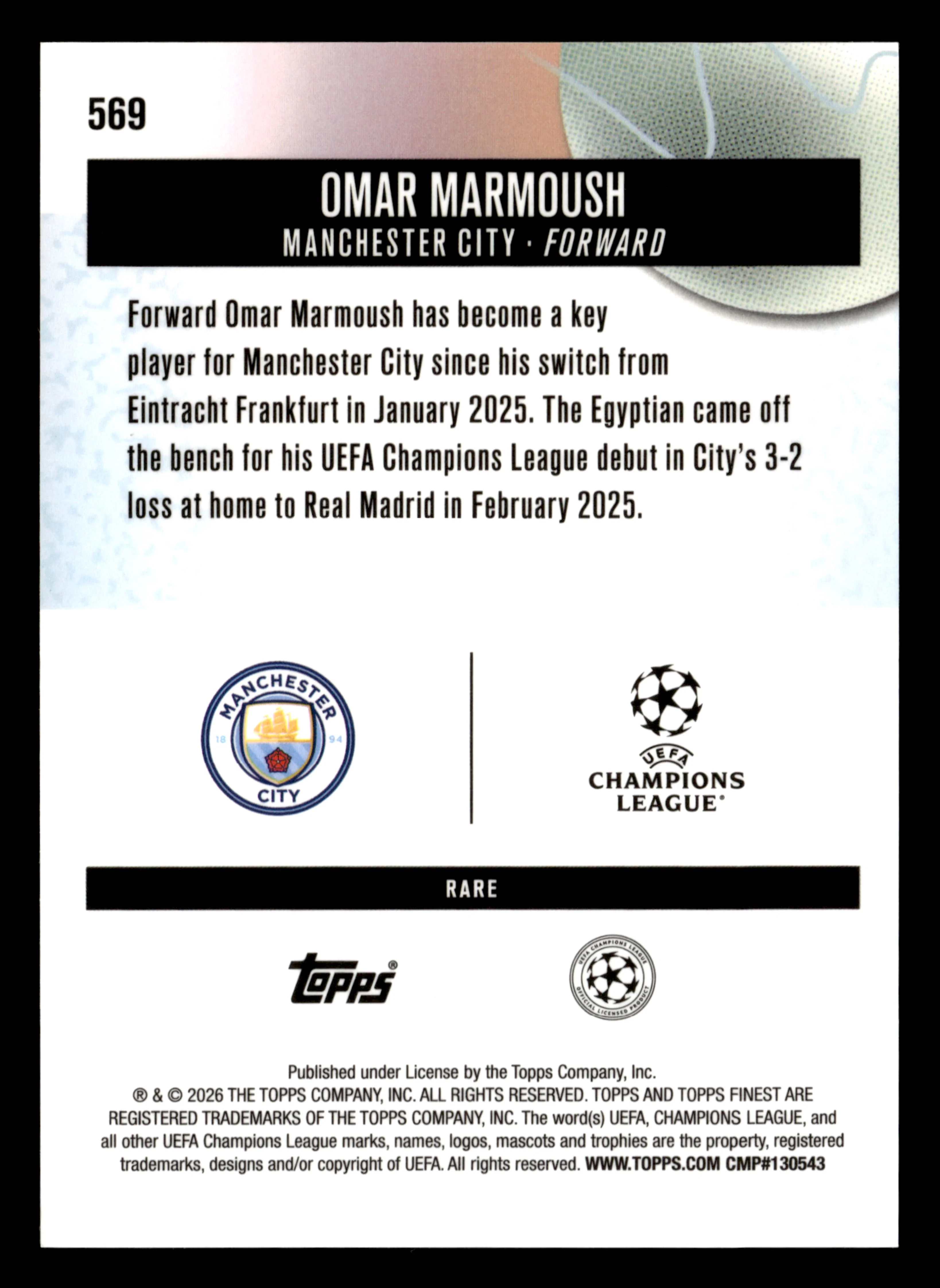 2025-26 Finest UCC #569 Omar Marmoush Blue Checkerboard Refractor #/49 - Image 2