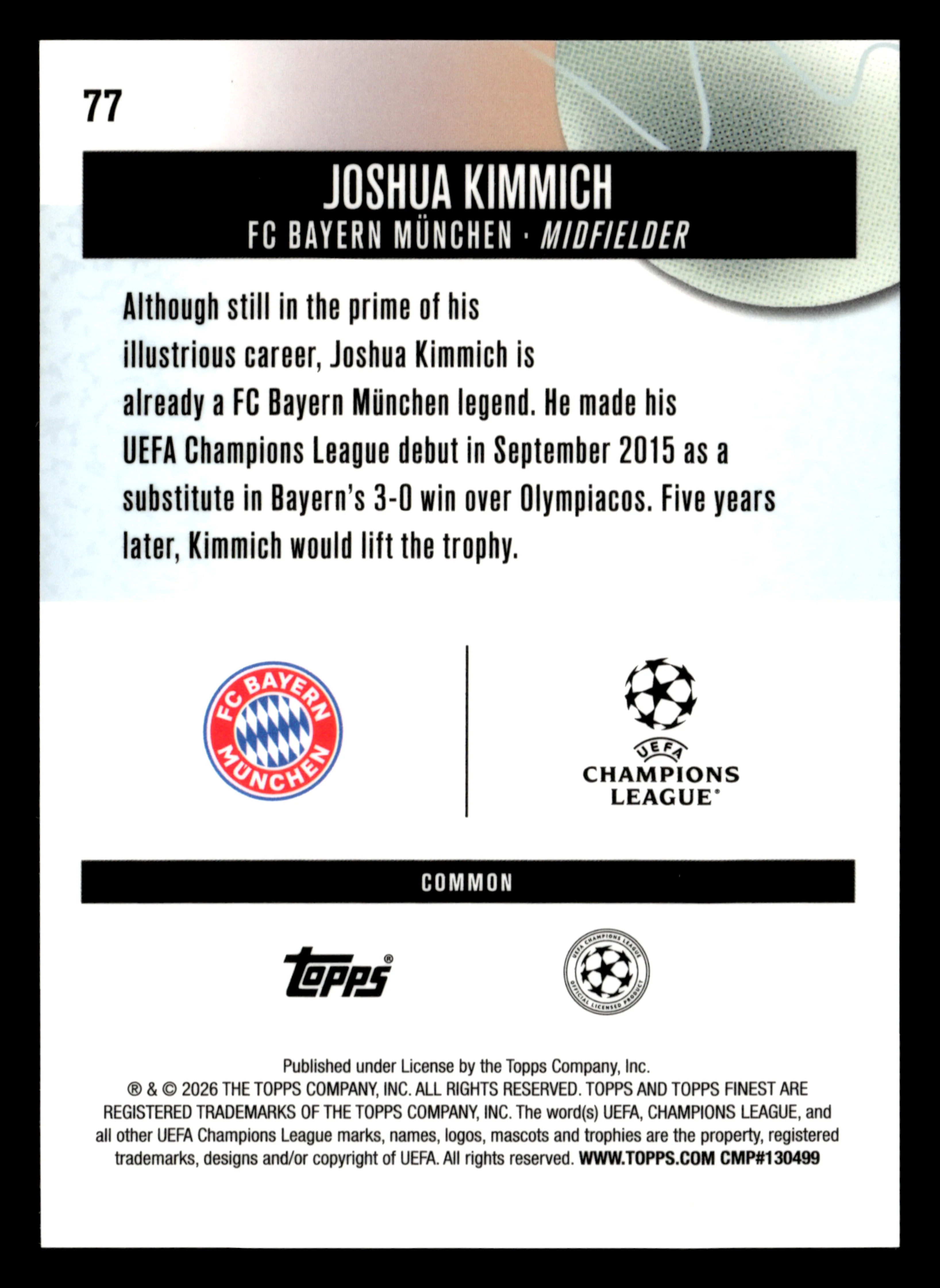 2025-26 Finest UCC #77 Joshua Kimmich Blue Checkerboard Refractor #/99 - Image 2