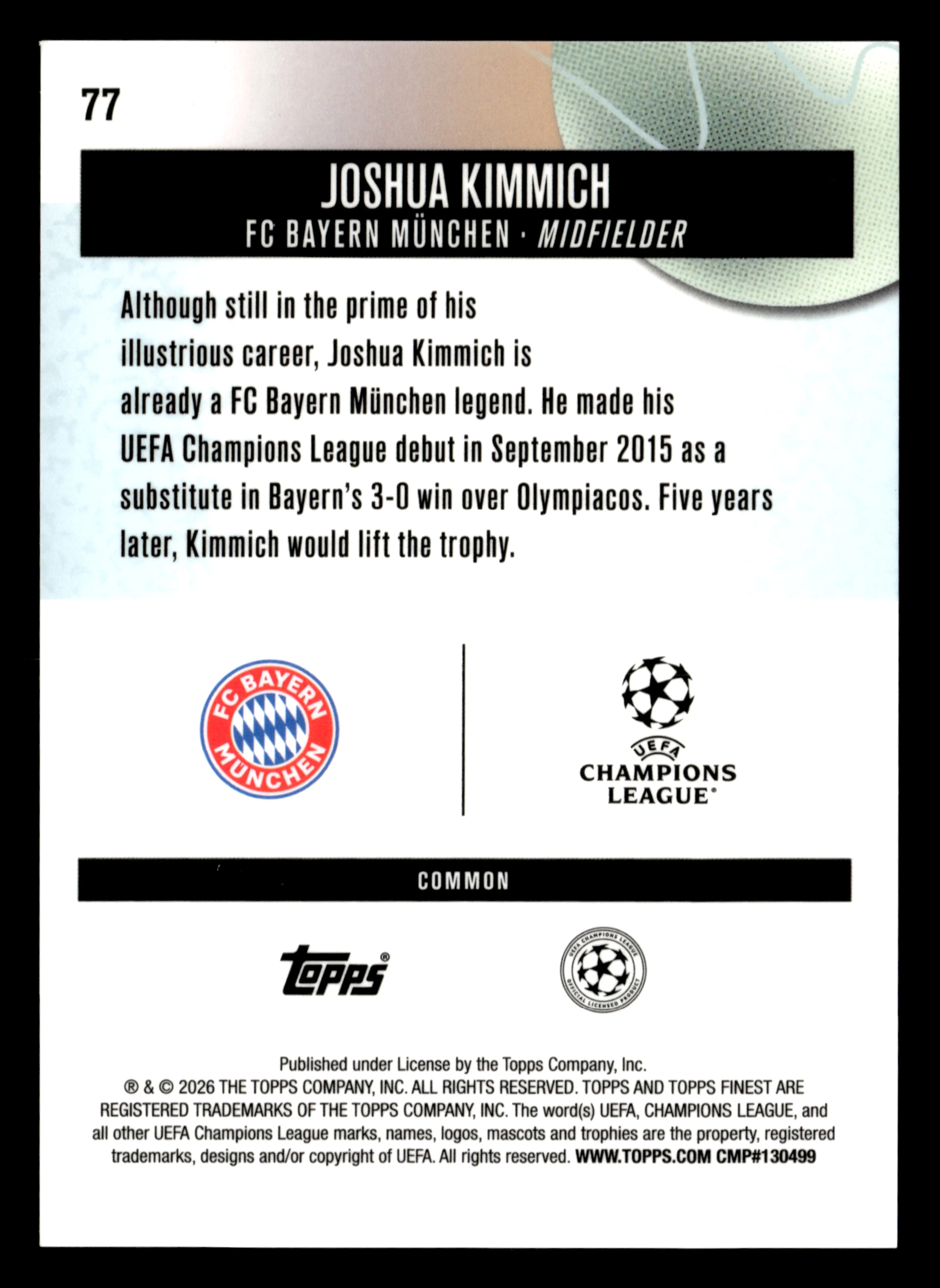 2025-26 Finest UCC #77 Joshua Kimmich Purple Checkerboard Refractor #/150 - Image 2
