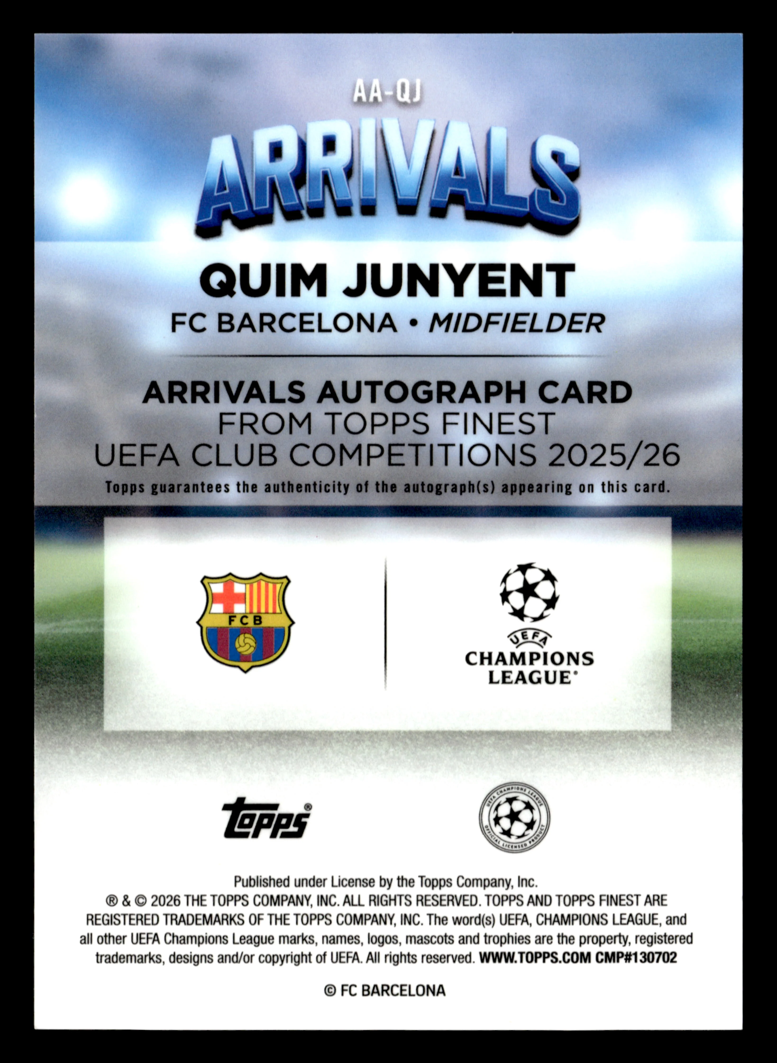 2025-26 Finest UCC #AA-QJ Quim Junyent Arrivals Autographs Green Refractor #/99 - Image 2