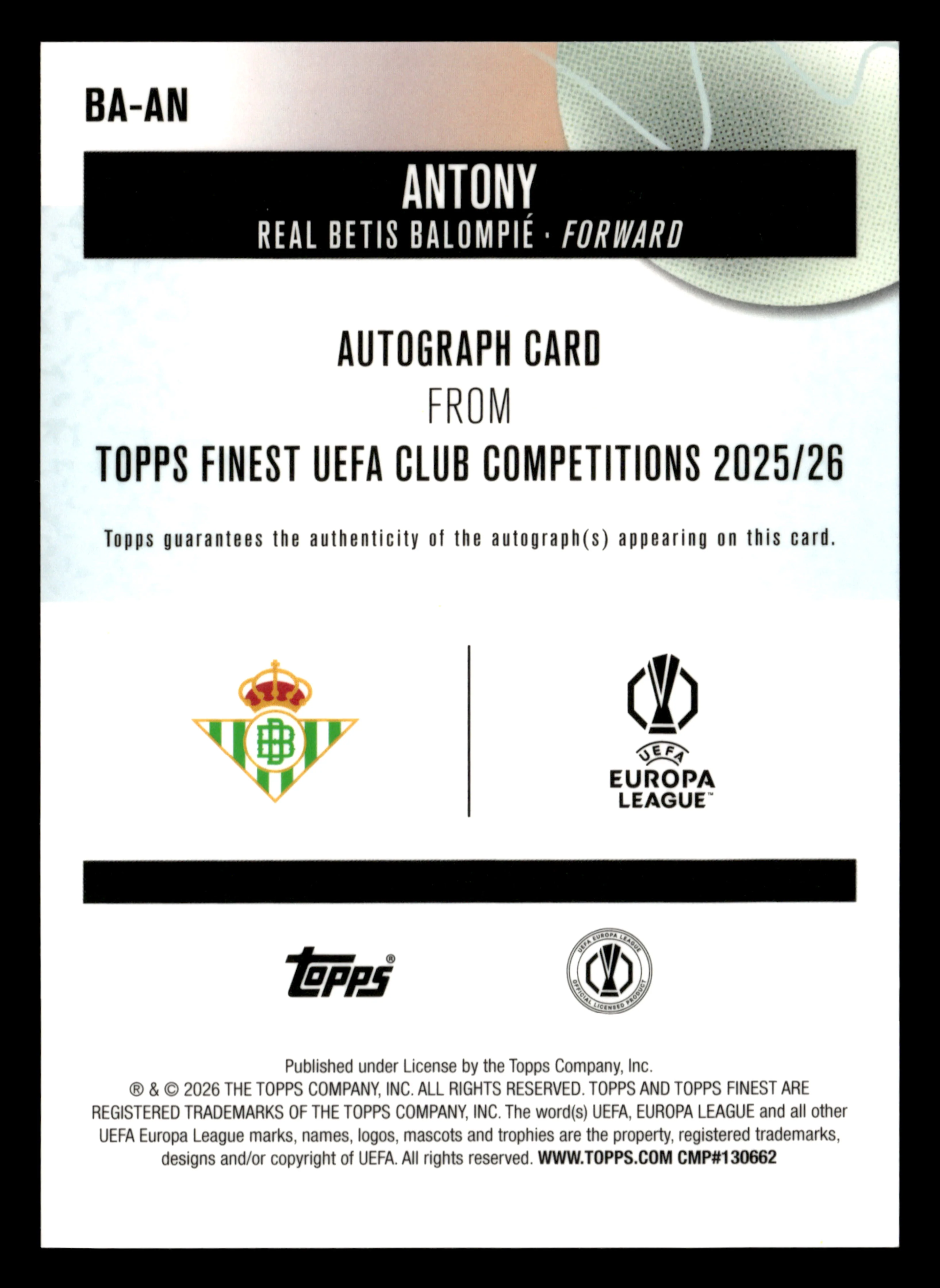 2025-26 Finest UCC #BA-AN Antony Base Autographs Purple Wave Refractor #/75 - Image 2