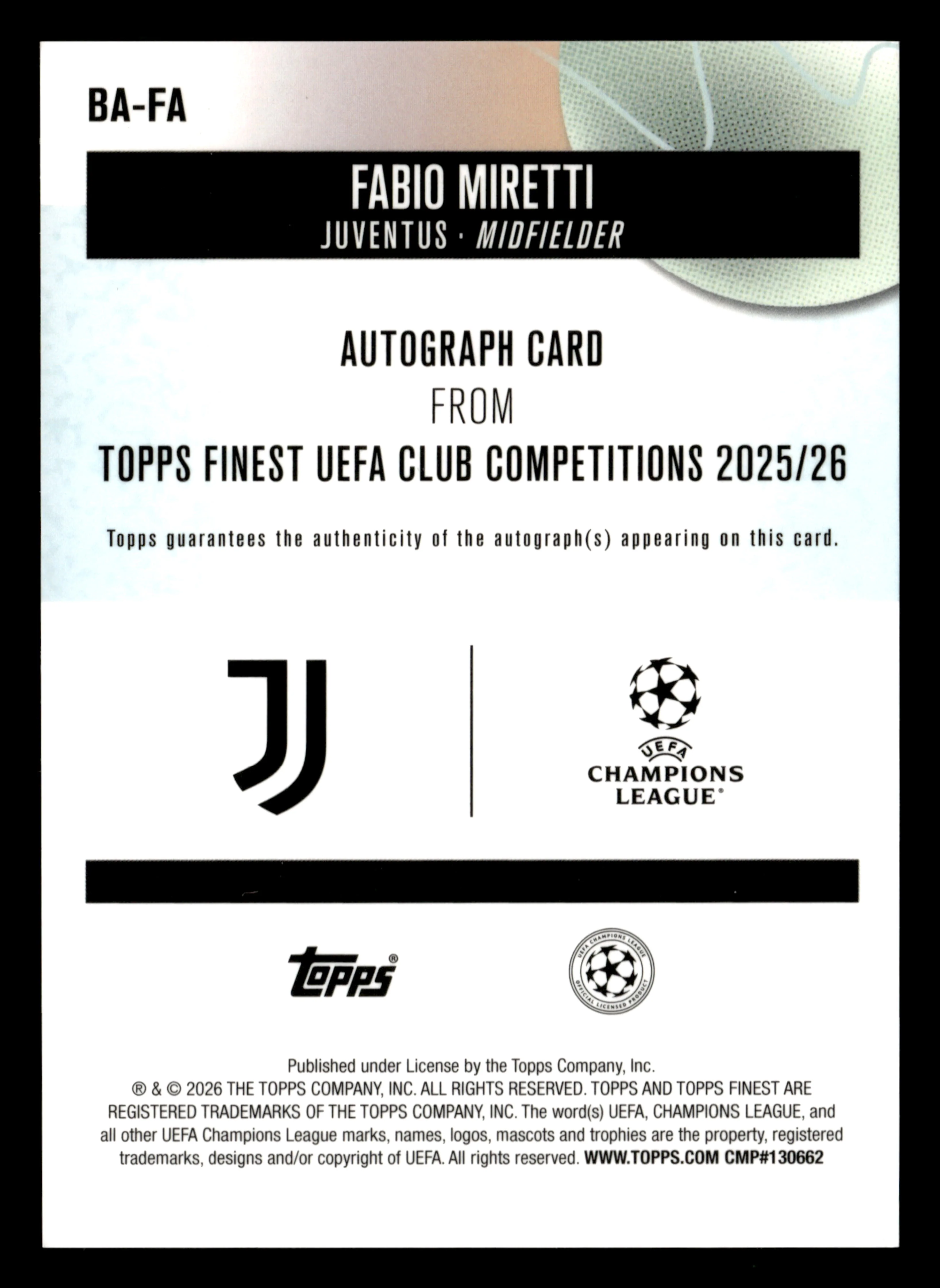 2025-26 Finest UCC #BA-FA Fabio Miretti Base Autographs Purple Refractor #/75 - Image 2