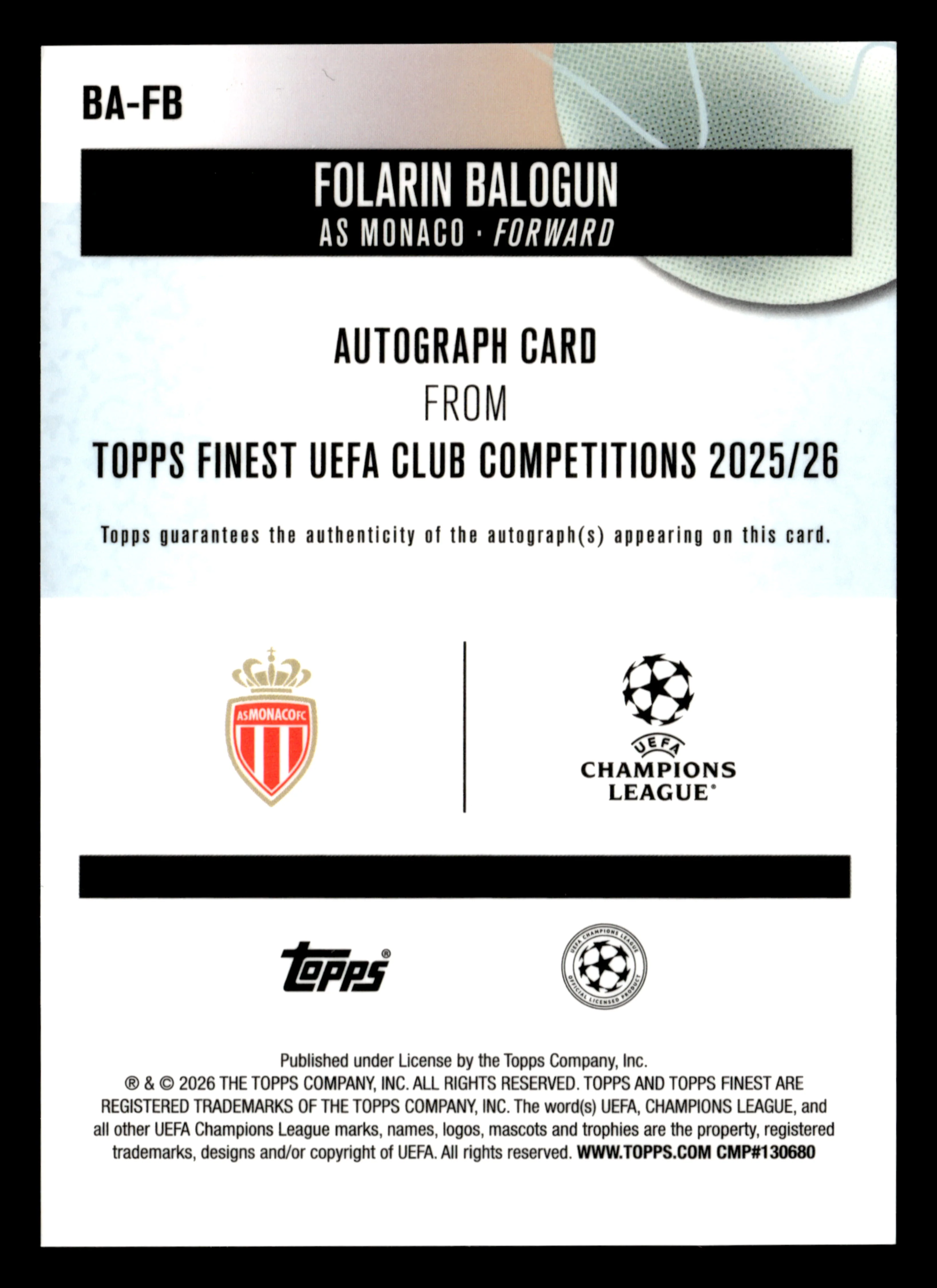 2025-26 Finest UCC #BA-FB Folarin Balogun Base Autographs Pink Refractor #/250 - Image 2