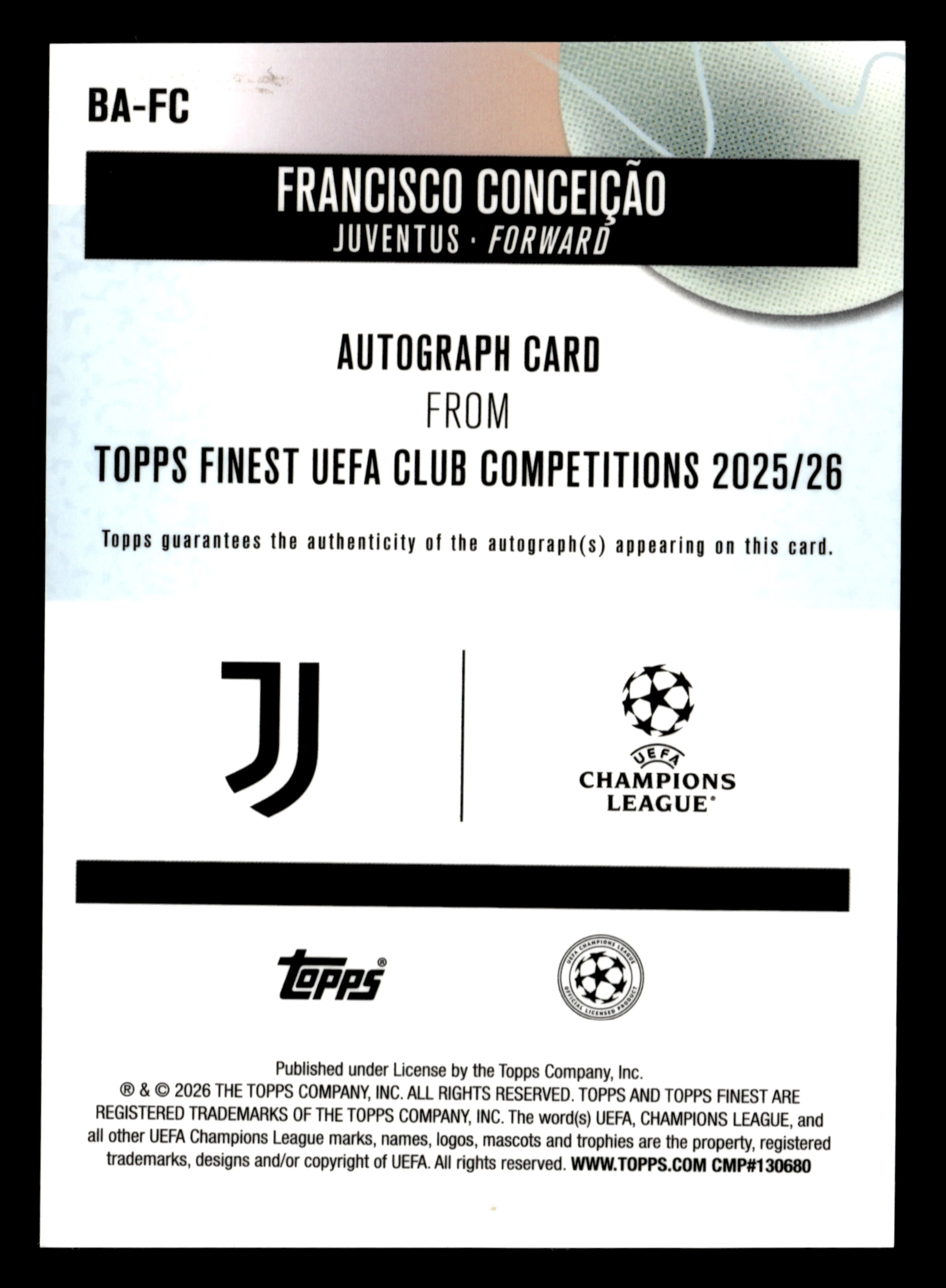 2025-26 Finest UCC BA-FC Francisco Conceição Base Auto Green Refractor #/99 - Image 2