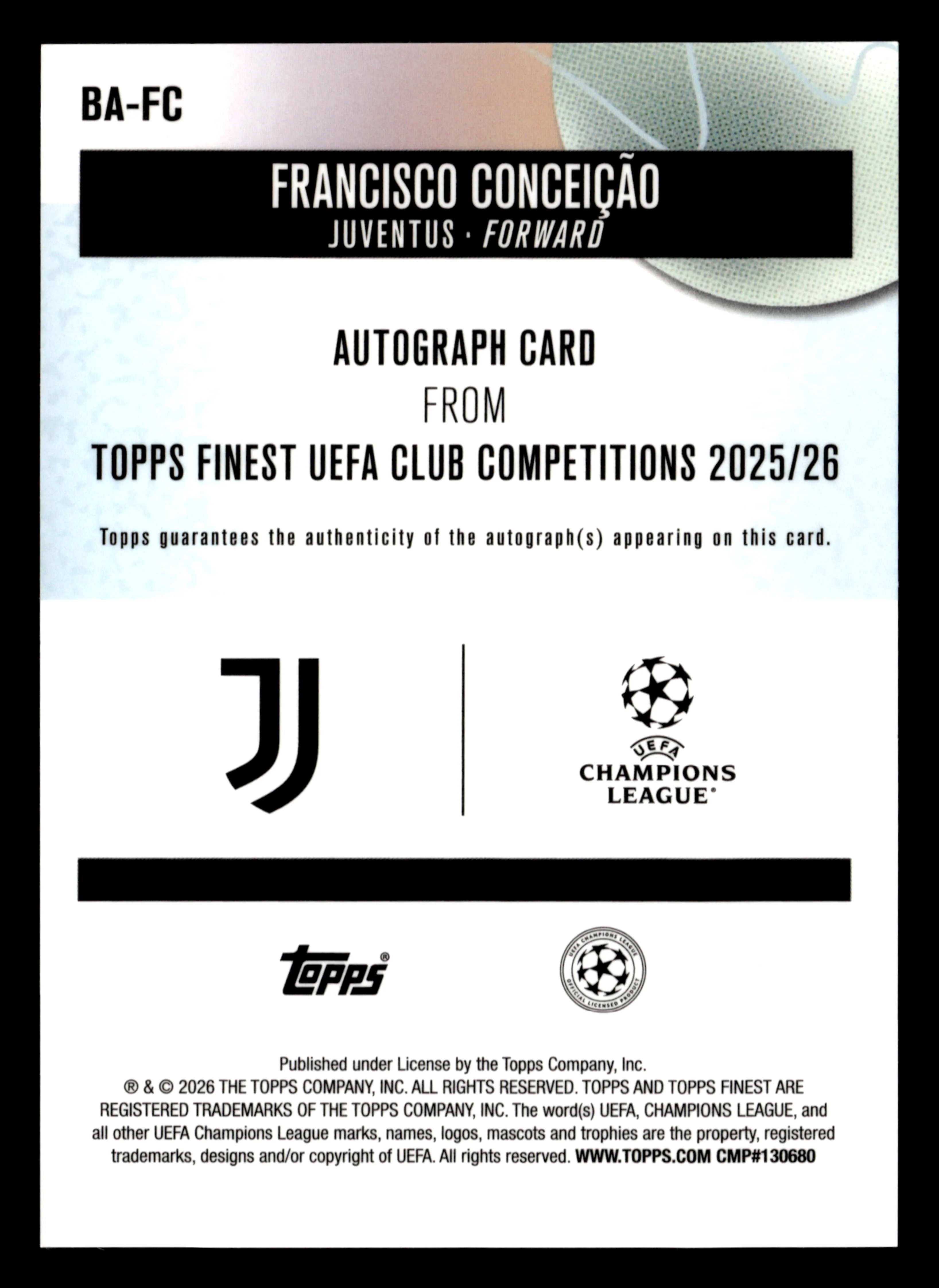 2025-26 Finest UCC #BA-FC Francisco Conceição Base Autographs - Image 2