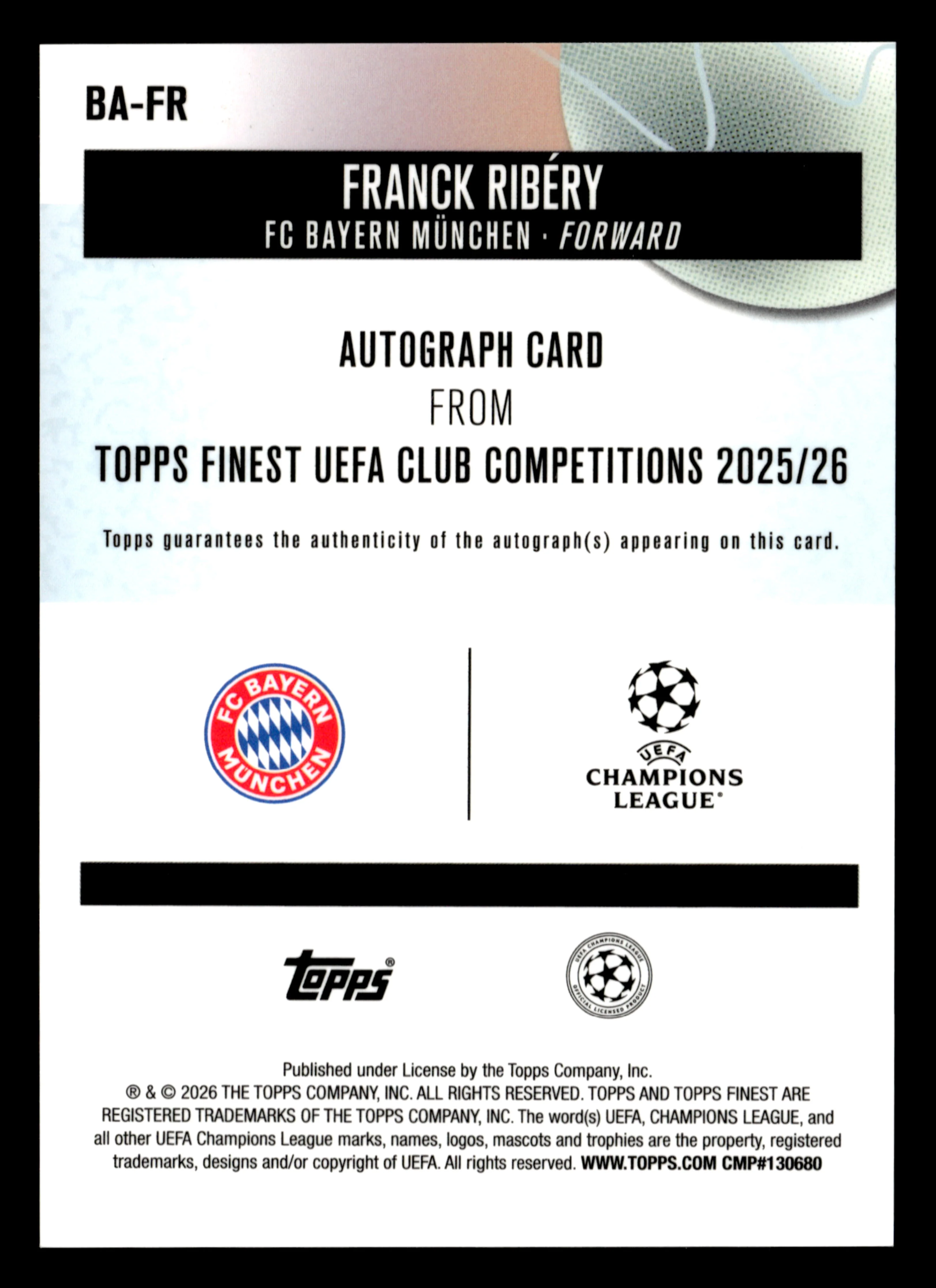 2025-26 Finest UCC #BA-FR Franck Ribéry Base Auto Green Wave Refractor #/99 - Image 2
