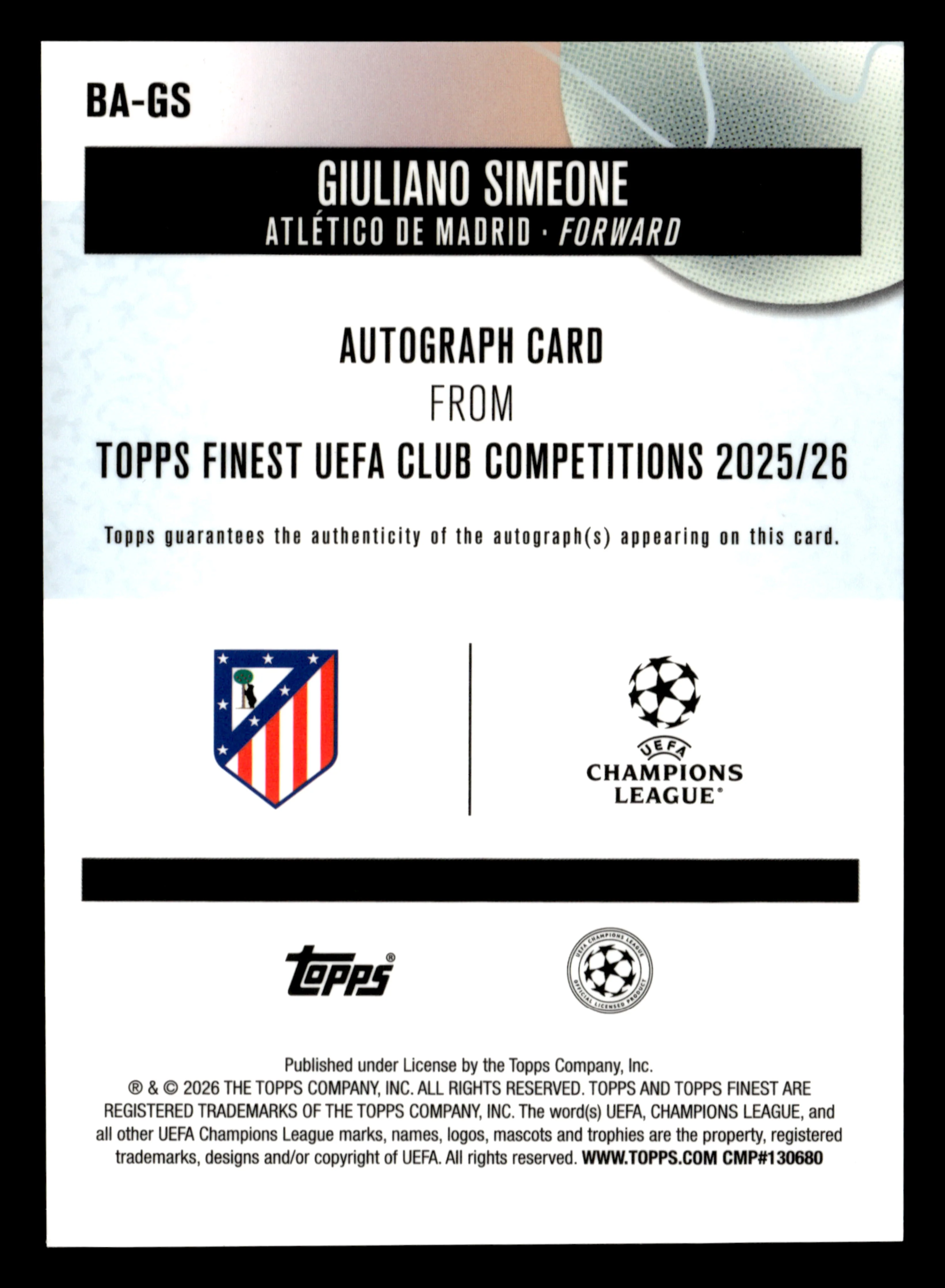 2025-26 Finest UCC #BA-GS Giuliano Simeone Base Autographs Aqua Refractor #/199 - Image 2