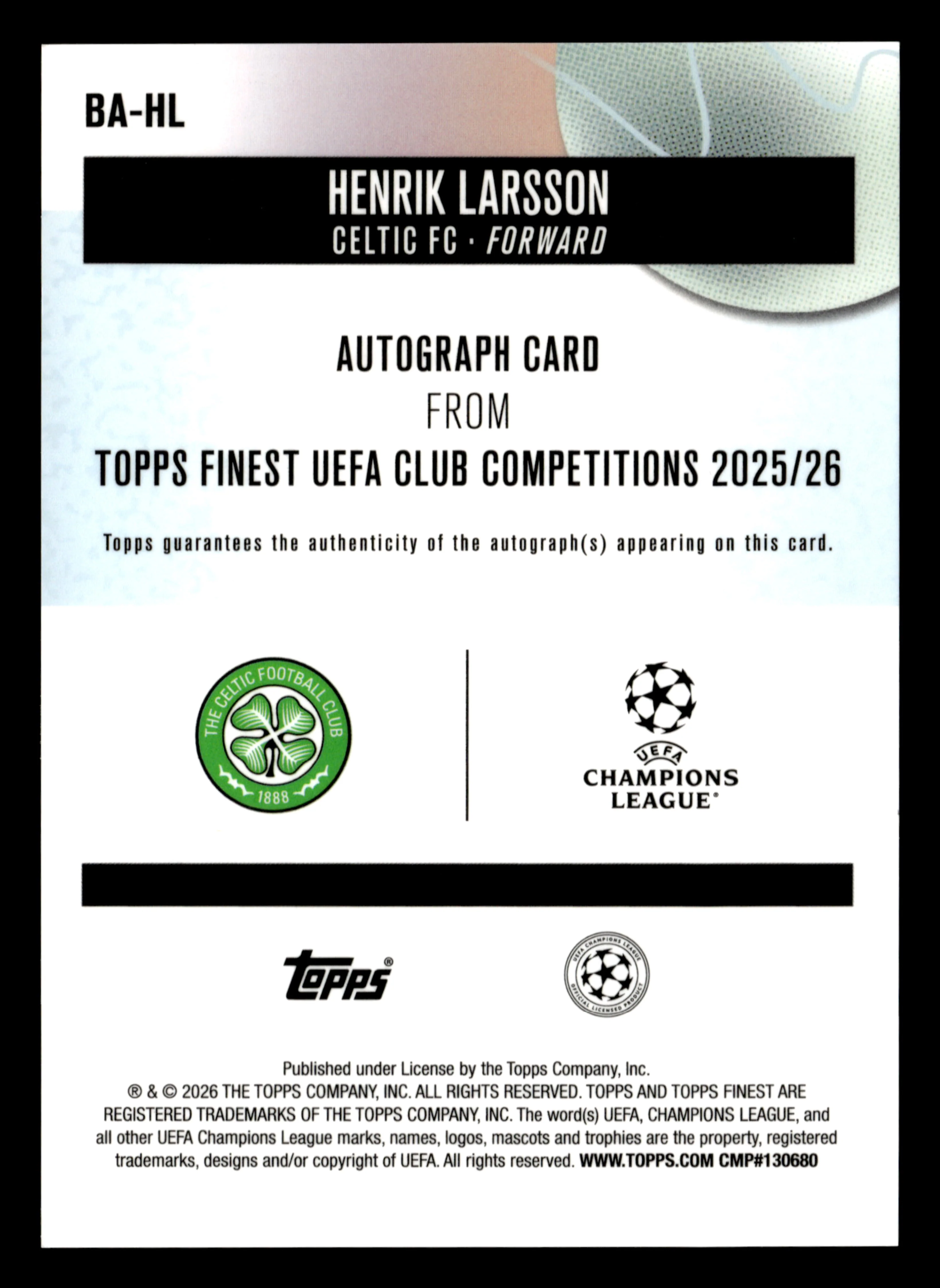 2025-26 Finest UCC #BA-HL Henrik Larsson Base Auto Orange Wave Refractor #/25 - Image 2