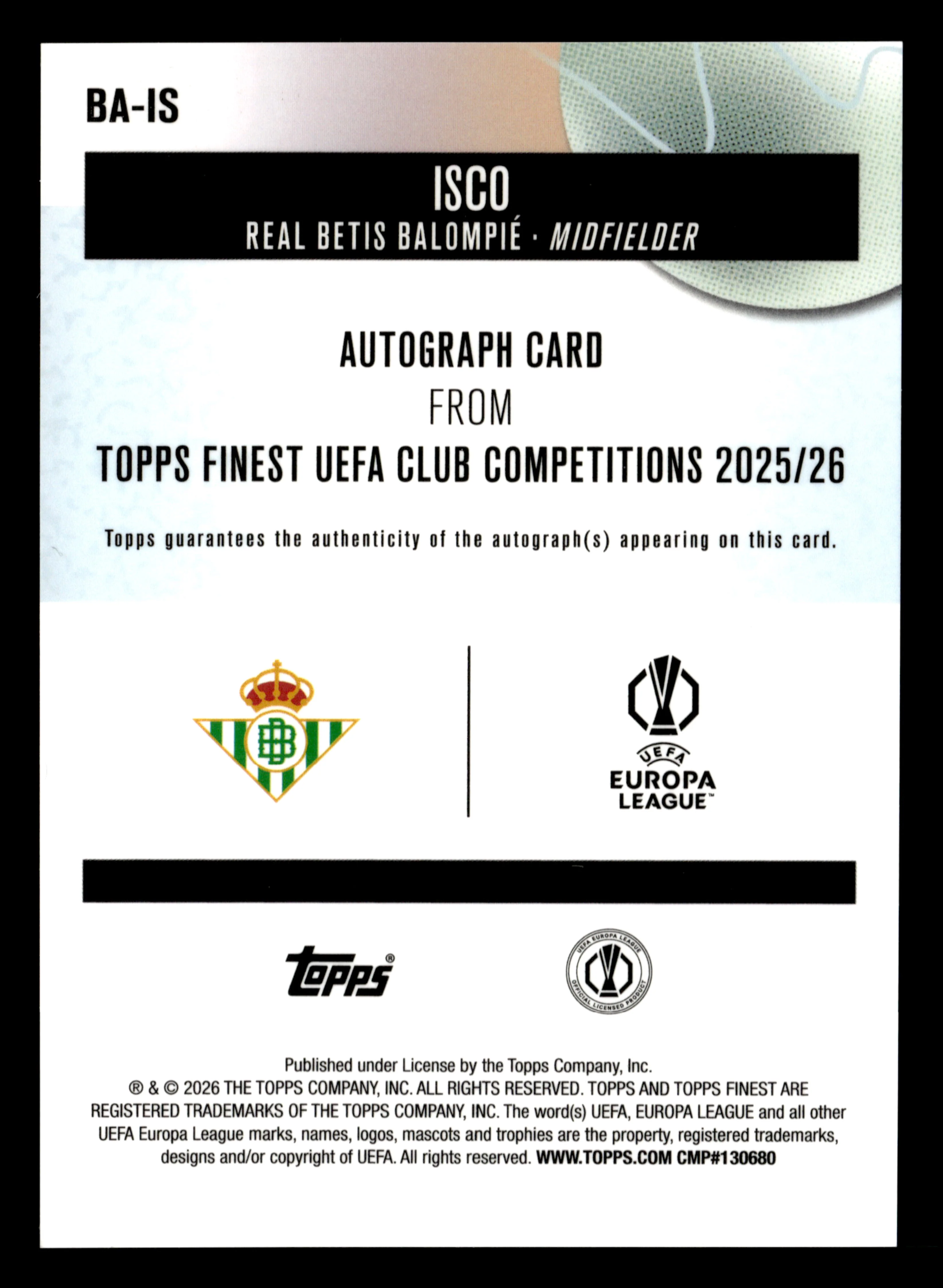 2025-26 Finest UCC #BA-IS Isco Base Autographs Blue Wave Refractor #/150 - Image 2