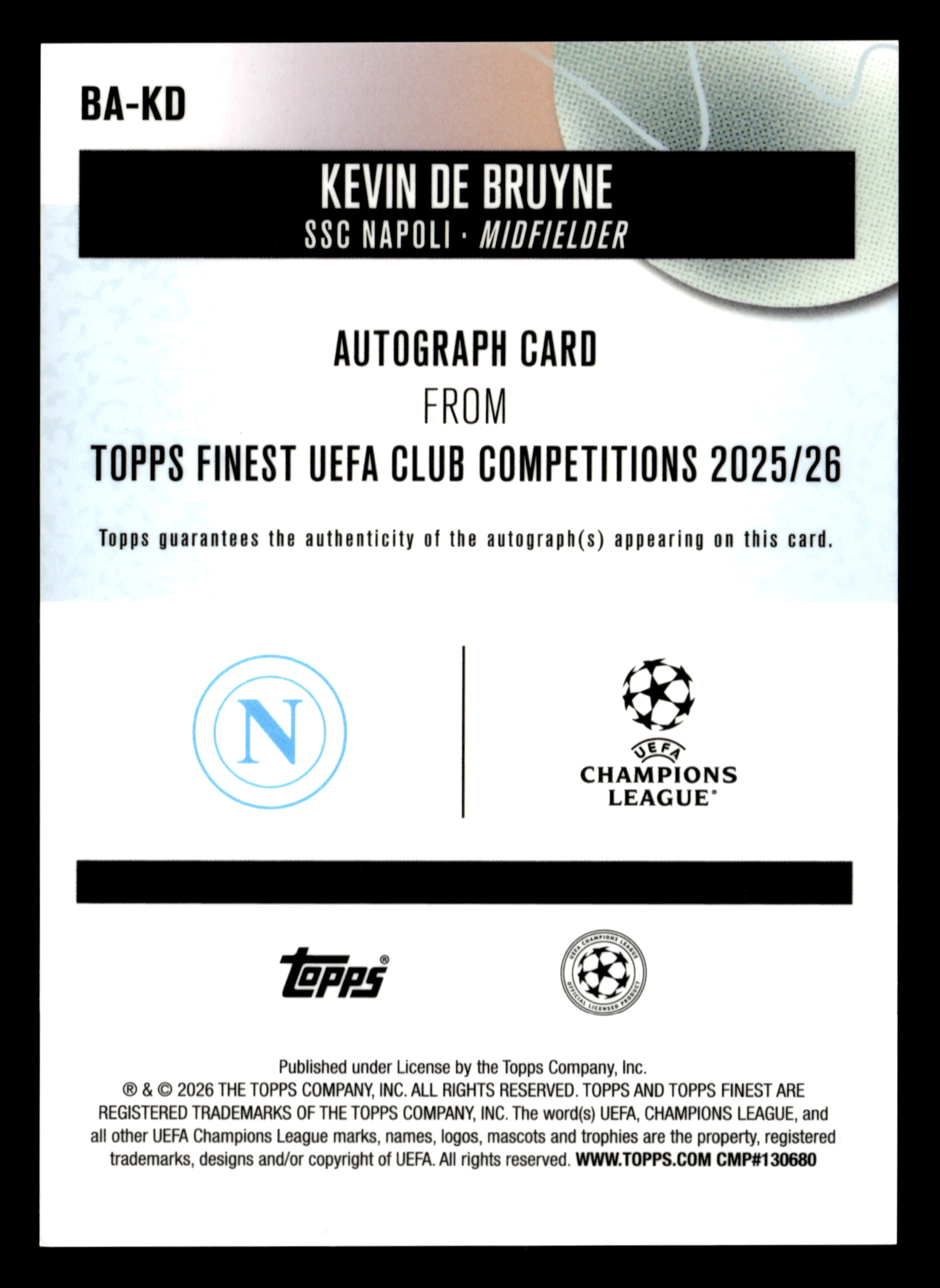 2025-26 Finest UCC #BA-KD Kevin De Bruyne Base Autographs Green Refractor #/99 - Image 2