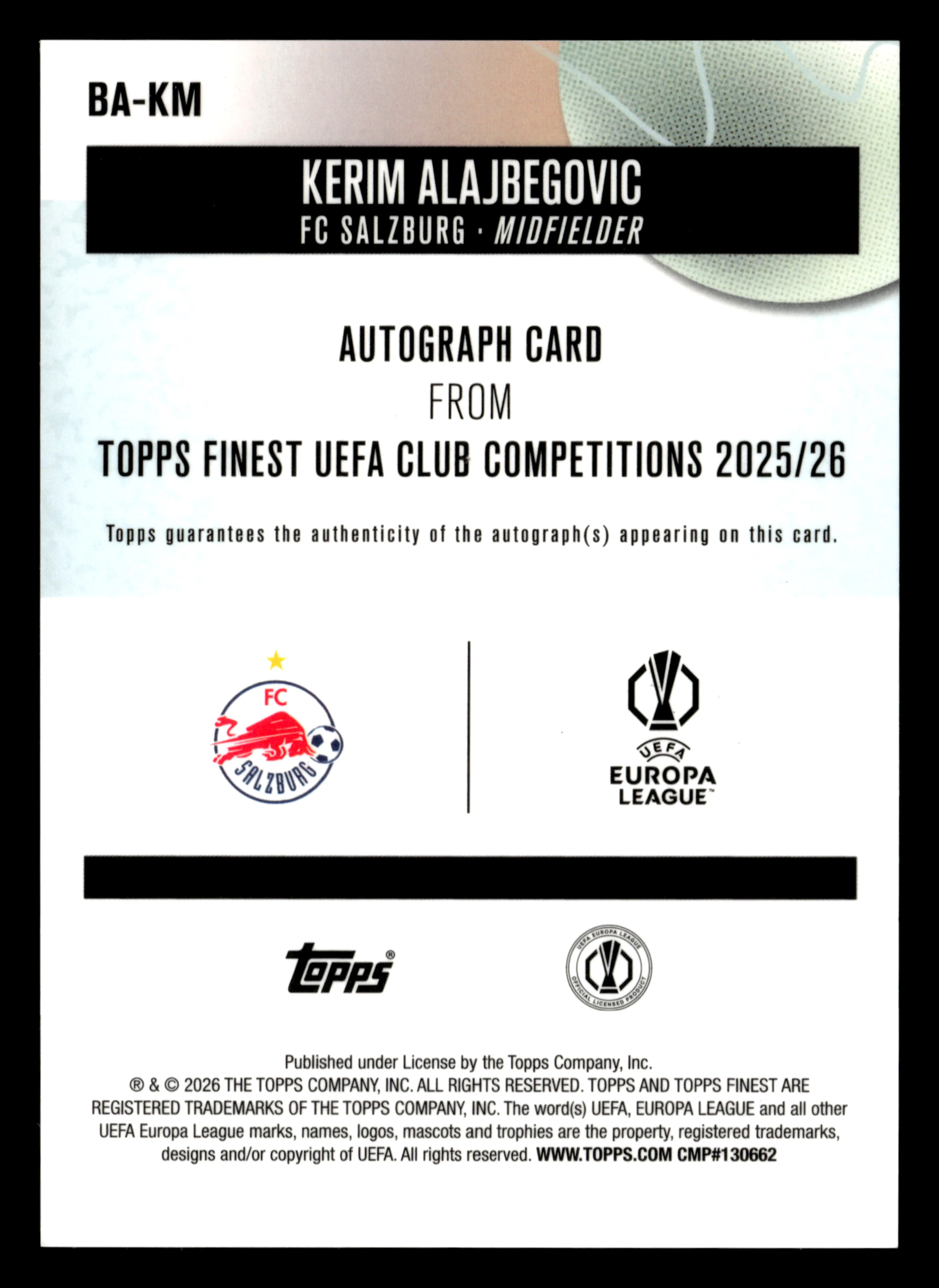 2025-26 Finest UCC #BA-KM Kerim Alajbegovic Base Auto Purple Refractor #/75 - Image 2