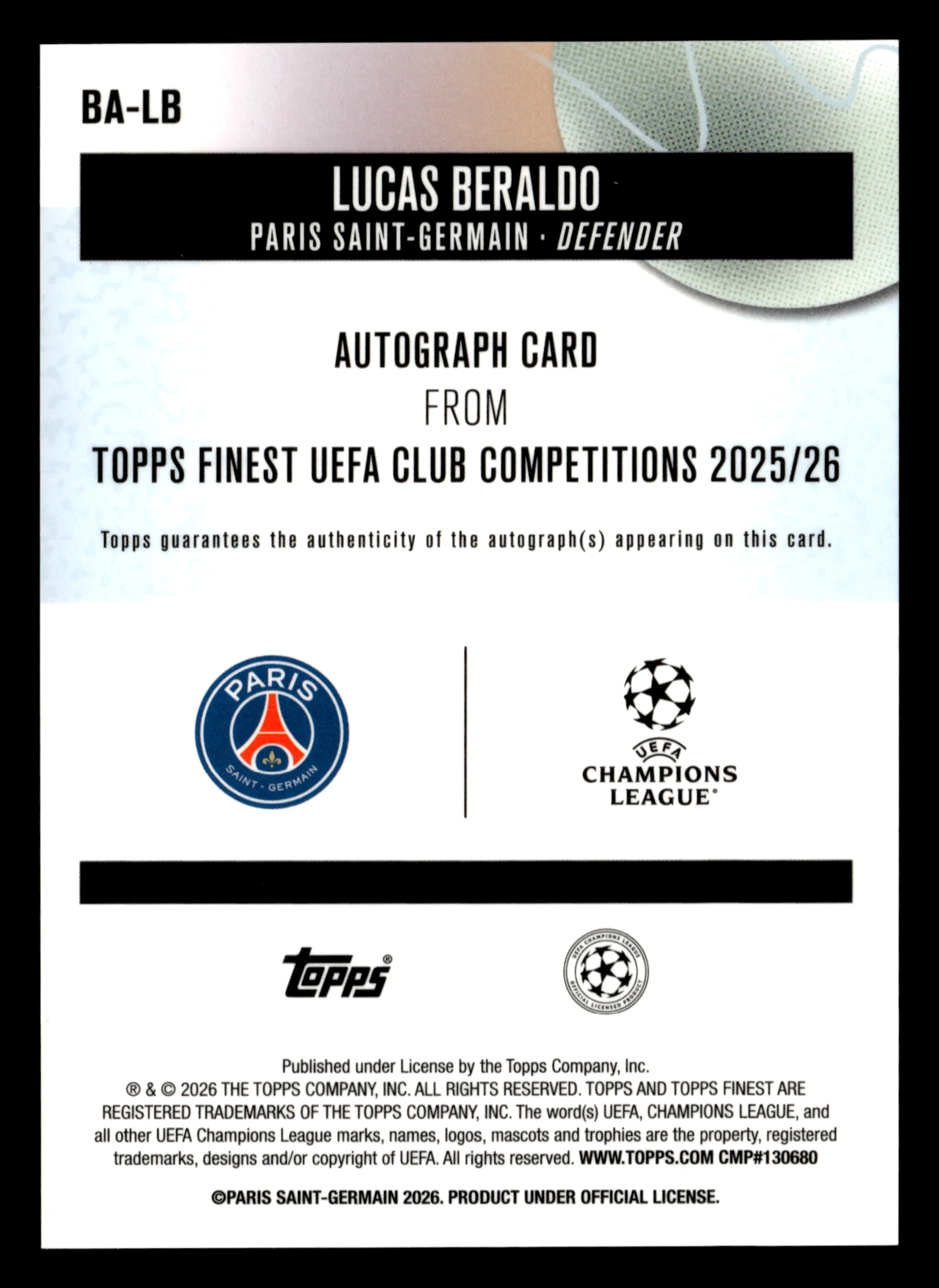 2025-26 Finest UCC #BA-LB Lucas Beraldo Base Autographs Pink Refractor #/250 - Image 2