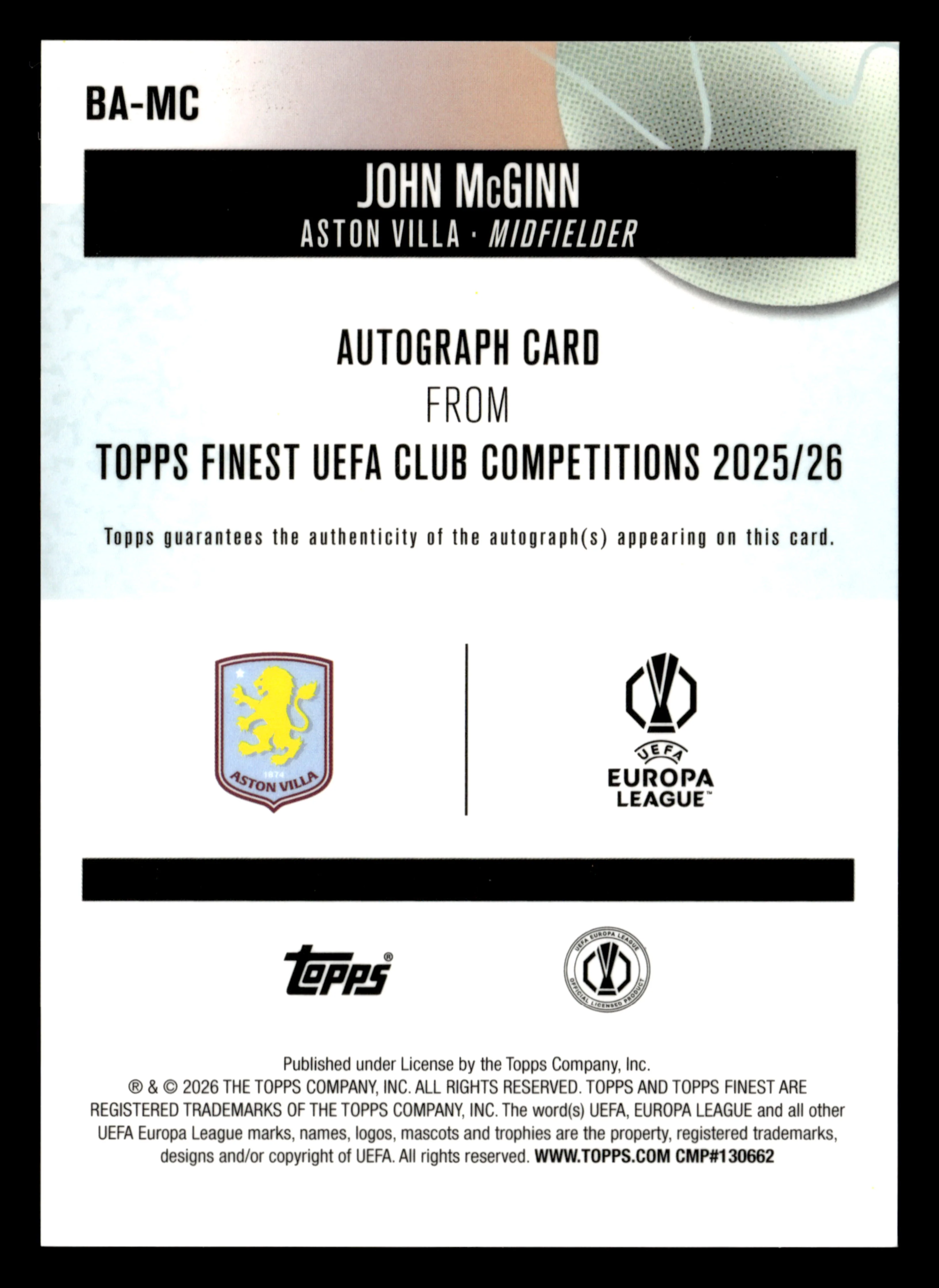 2025-26 Finest UCC #BA-MC John McGinn Base Autographs Aqua Refractor #/199 - Image 2