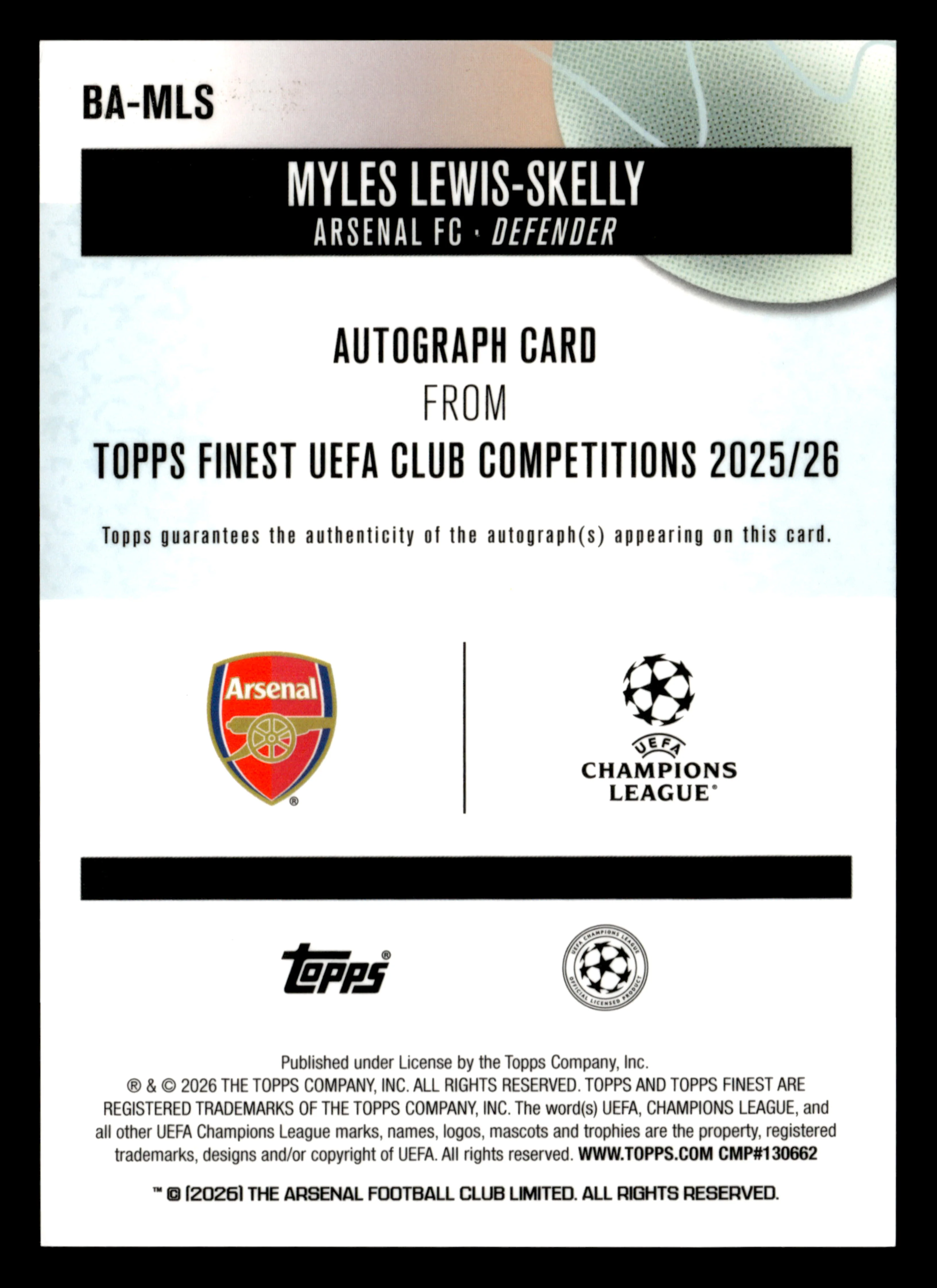 2025-26 Finest UCC #BA-MLS Myles Lewis-Skelly Base Auto Aqua Refractor #/199 - Image 2