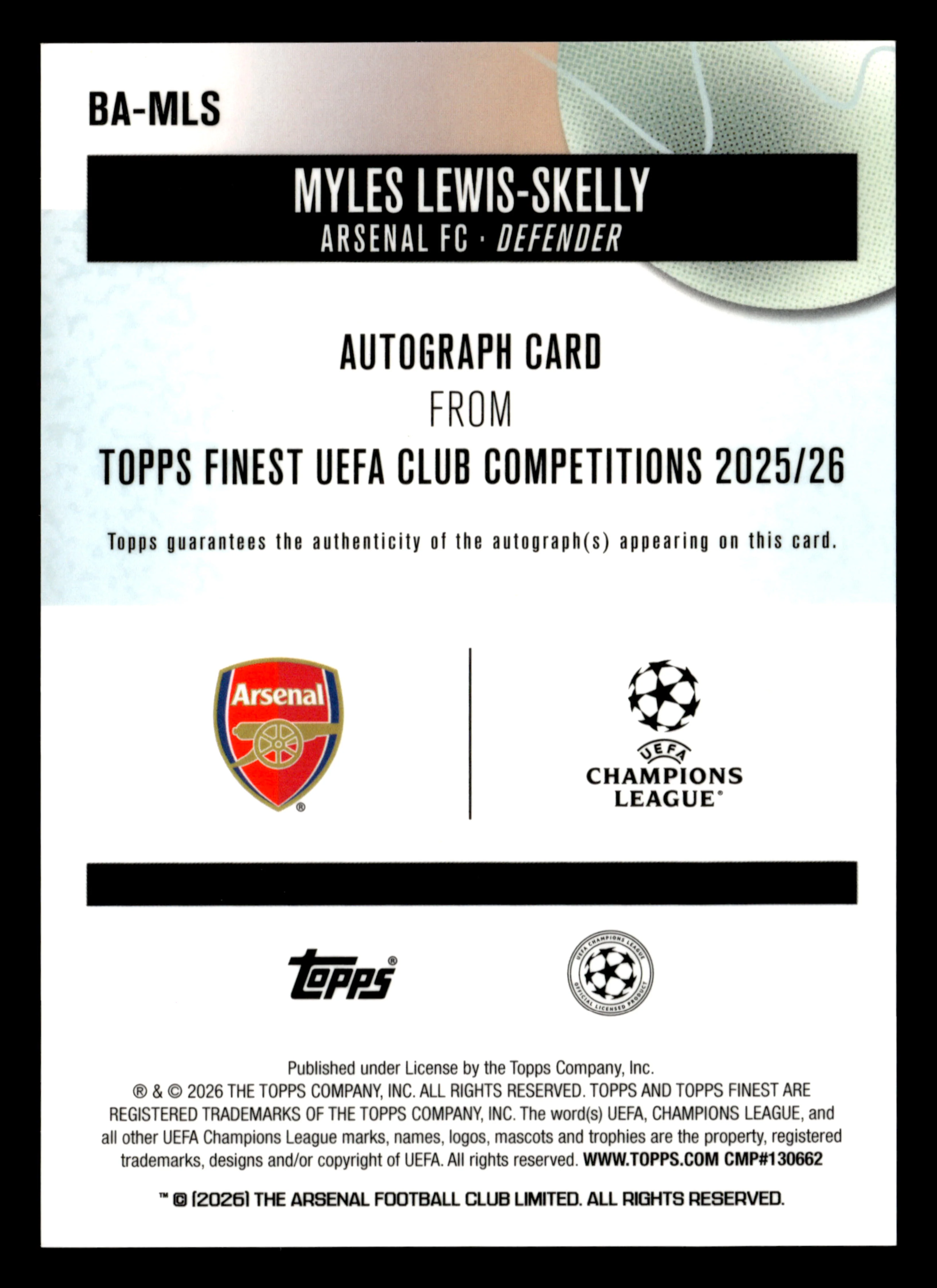 2025-26 Finest UCC #BA-MLS Myles Lewis-Skelly Base Auto Blue Refractor #/150 - Image 2