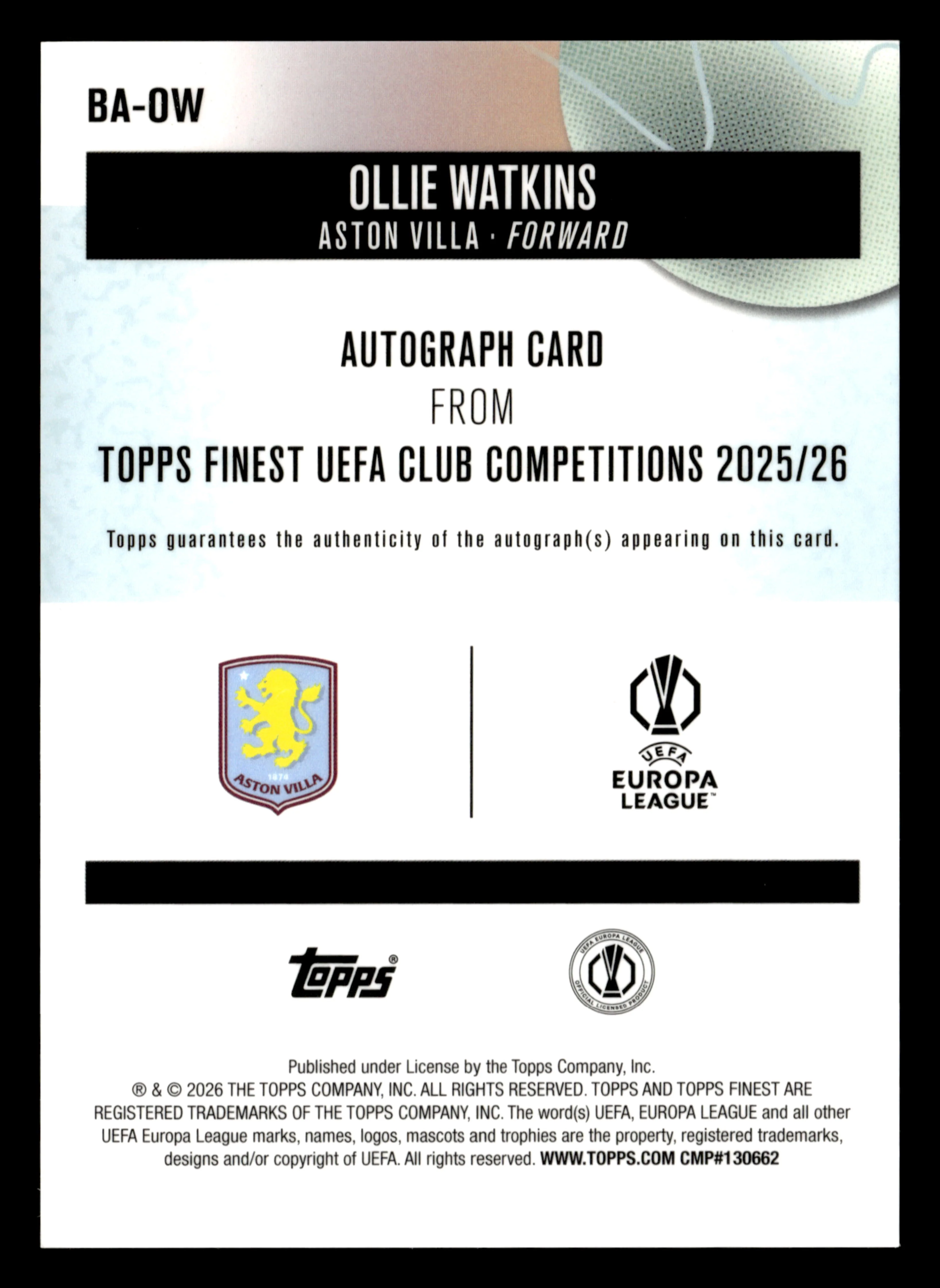 2025-26 Finest UCC #BA-OW Ollie Watkins Base Autographs Green Refractor #/99 - Image 2