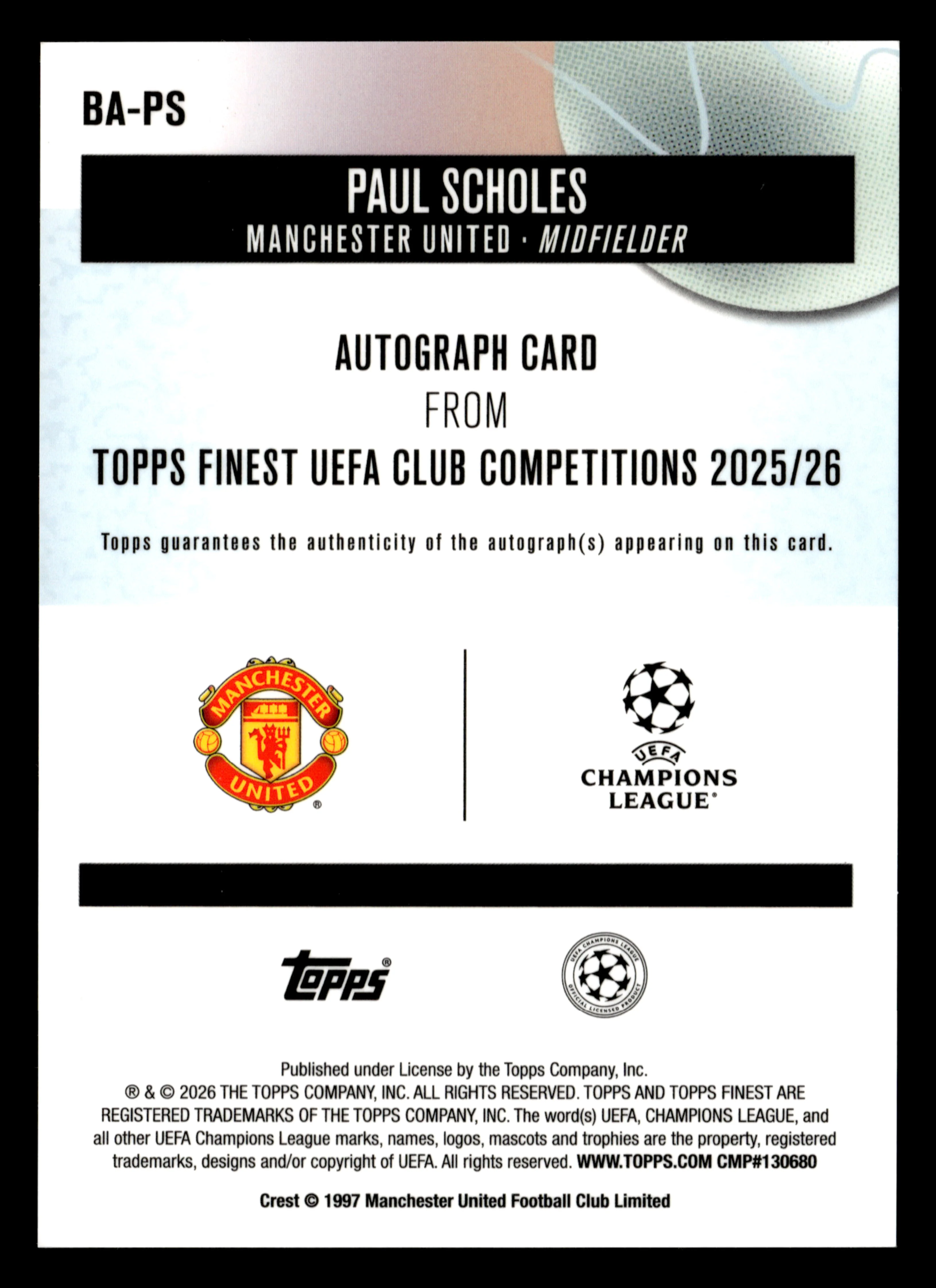 2025-26 Finest UCC #BA-PS Paul Scholes Base Autographs Green Wave Refractor #/99 - Image 2