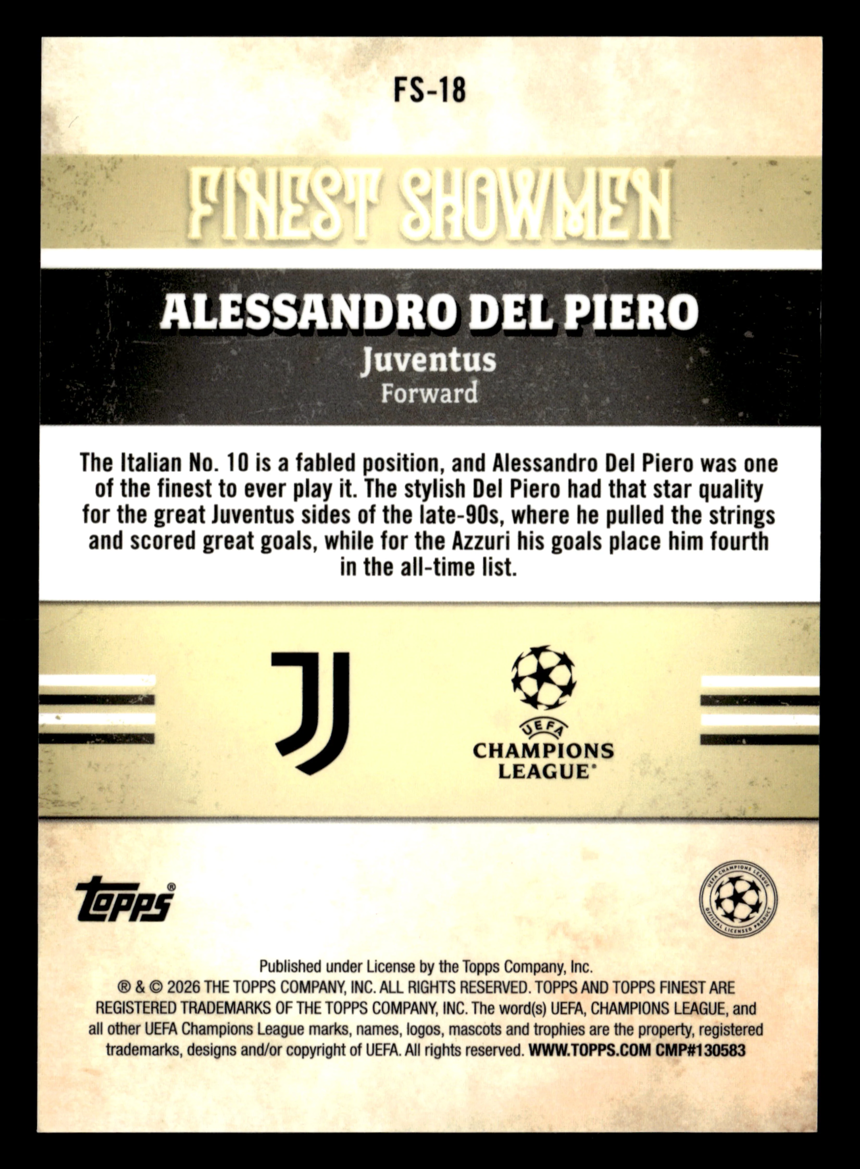 2025-26 Finest UCC #FS-18 Alessandro Del Piero FS Gold Refractor #/50 - Image 2