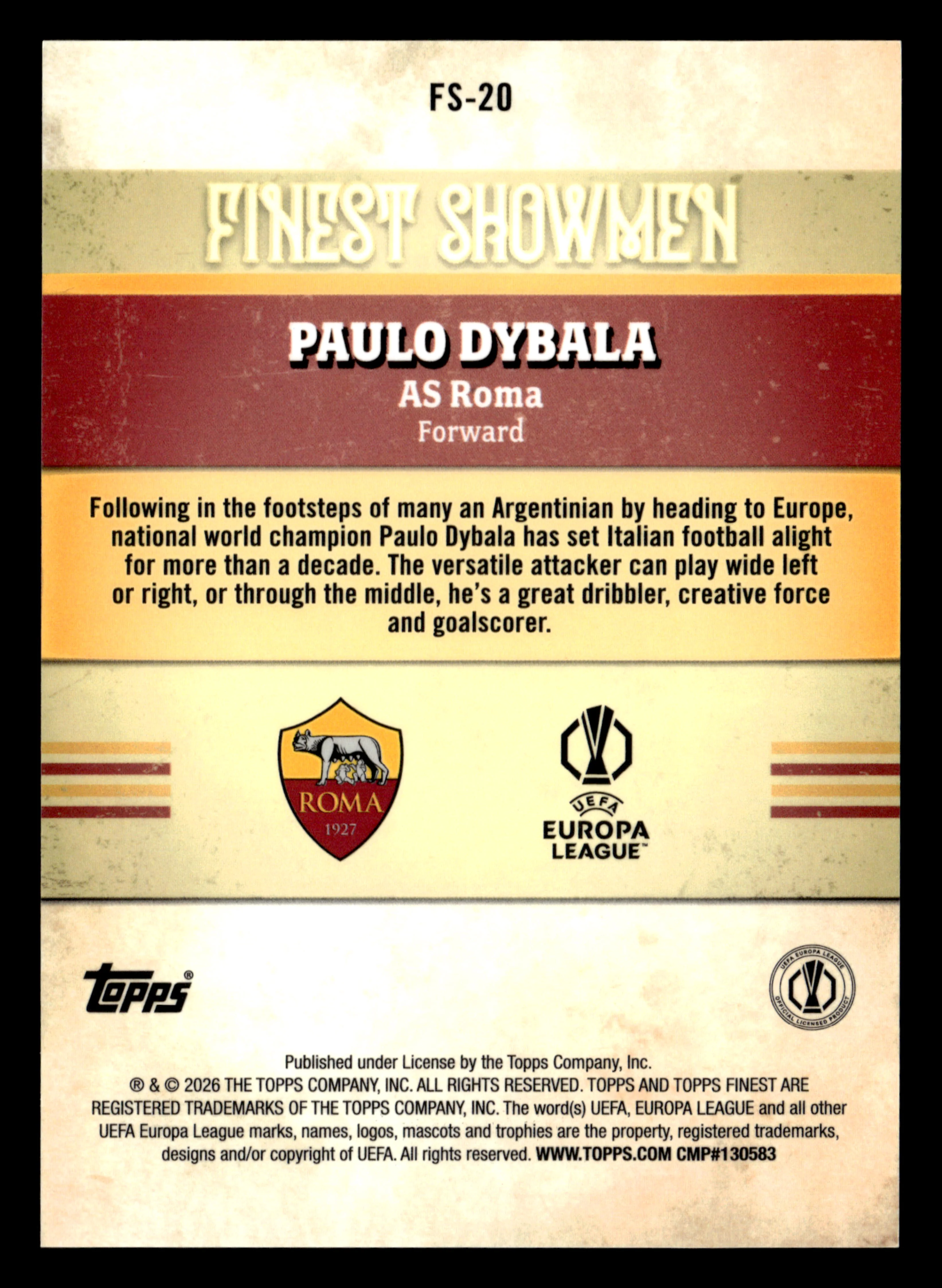 2025-26 Finest UCC #FS-20 Paulo Dybala Finest Showmen Blue Refractor #/150 - Image 2
