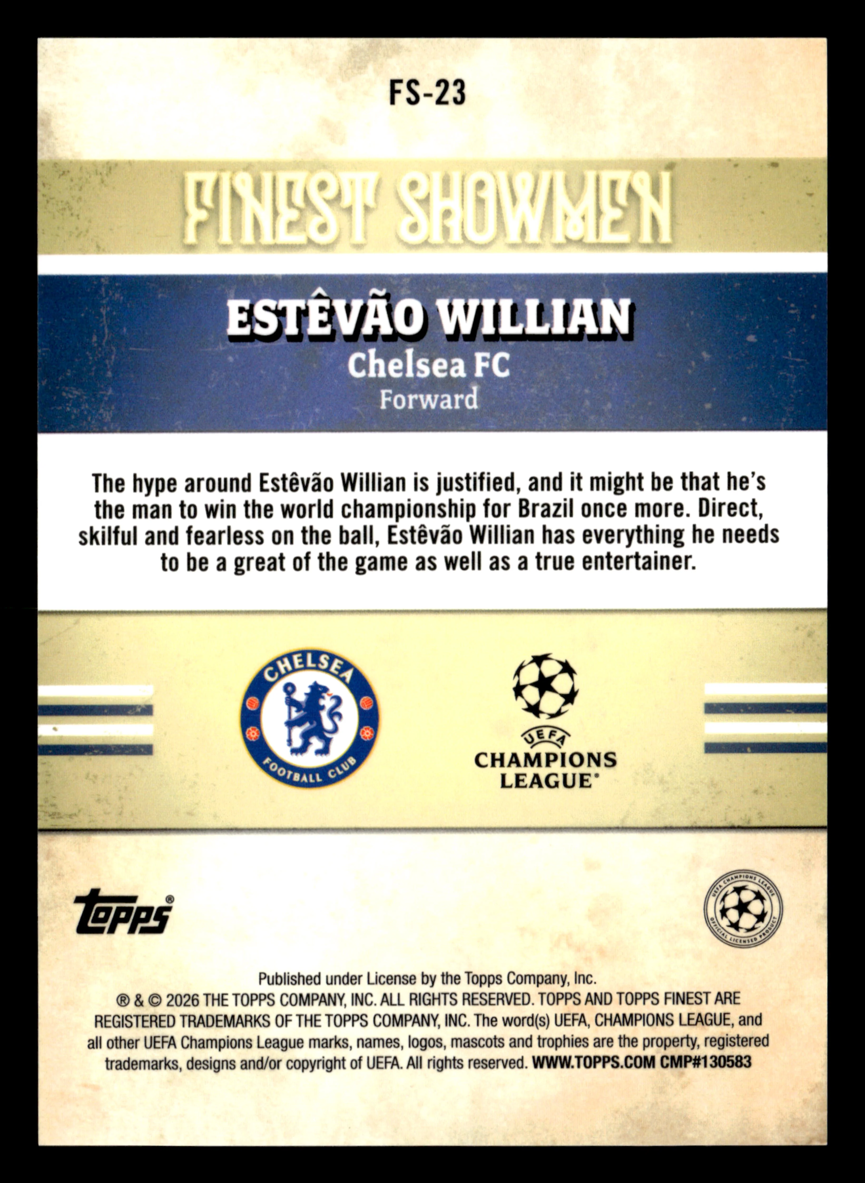 2025-26 Finest UCC #FS-23 Estêvão Willian Finest Showmen Aqua Refractor #/199 - Image 2