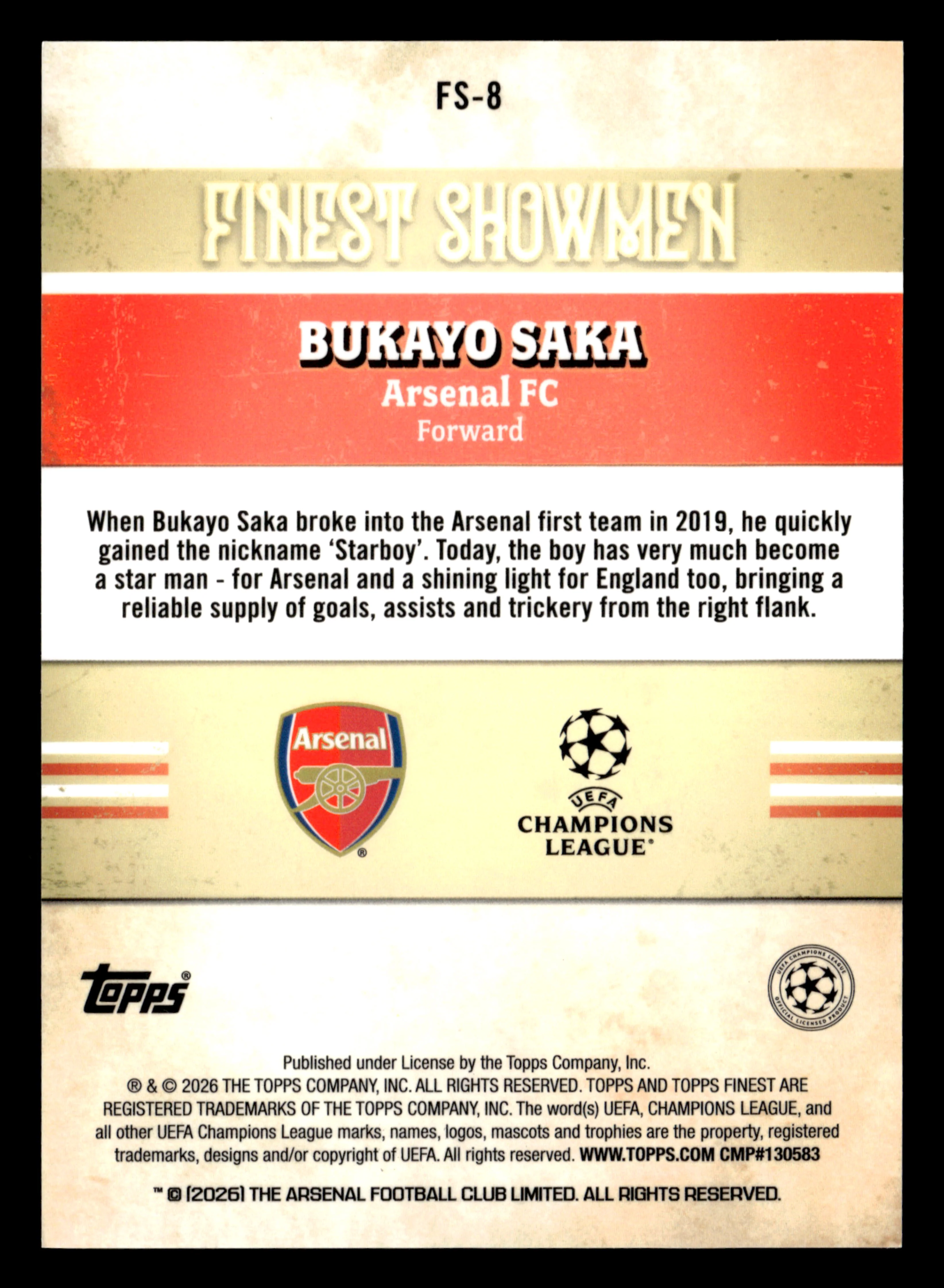 2025-26 Finest UCC #FS-8 Bukayo Saka Finest Showmen Blue Refractor #/150 - Image 2