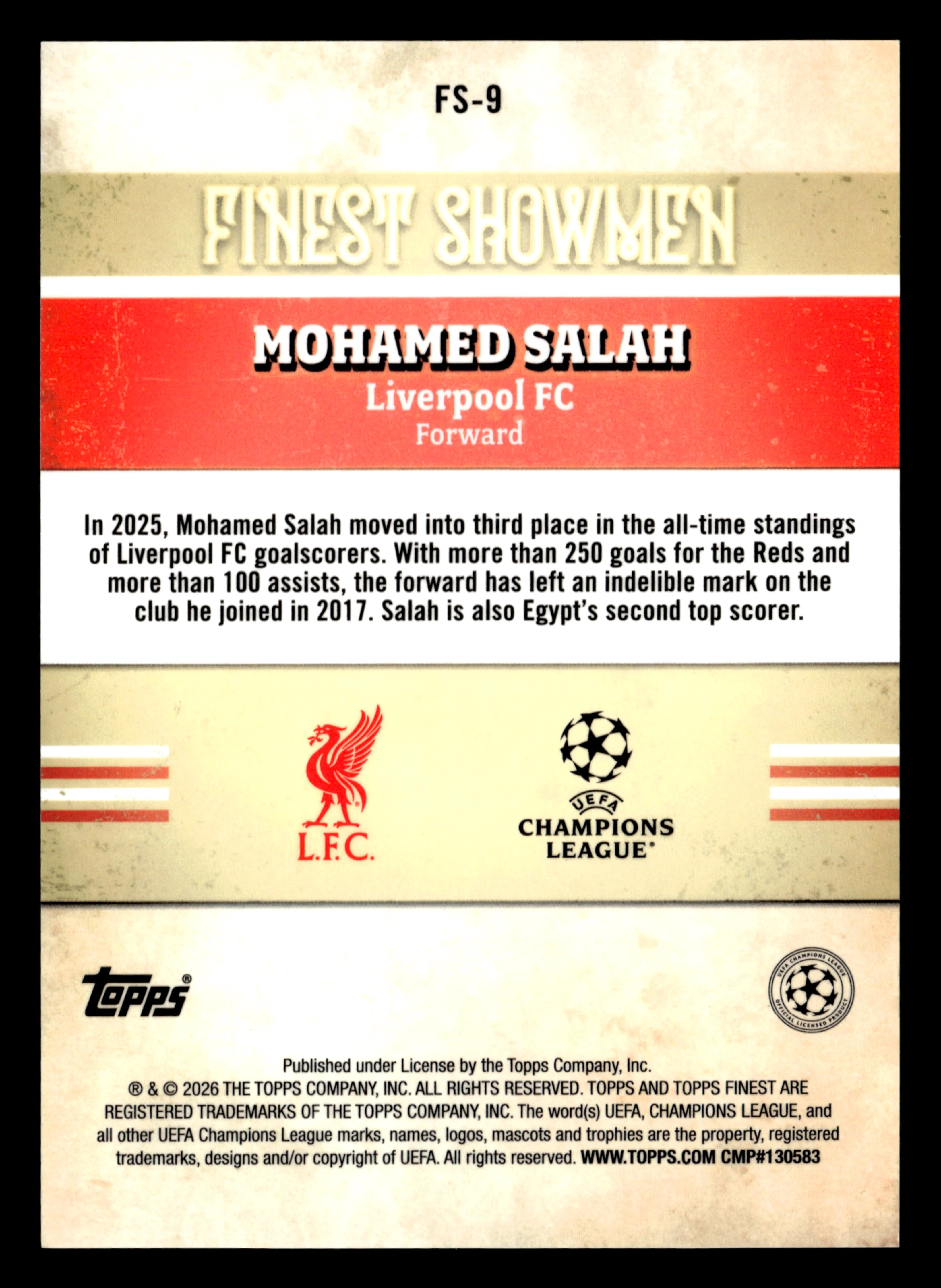 2025-26 Finest UCC #FS-9 Mohamed Salah Finest Showmen Purple Refractor #/75 - Image 2