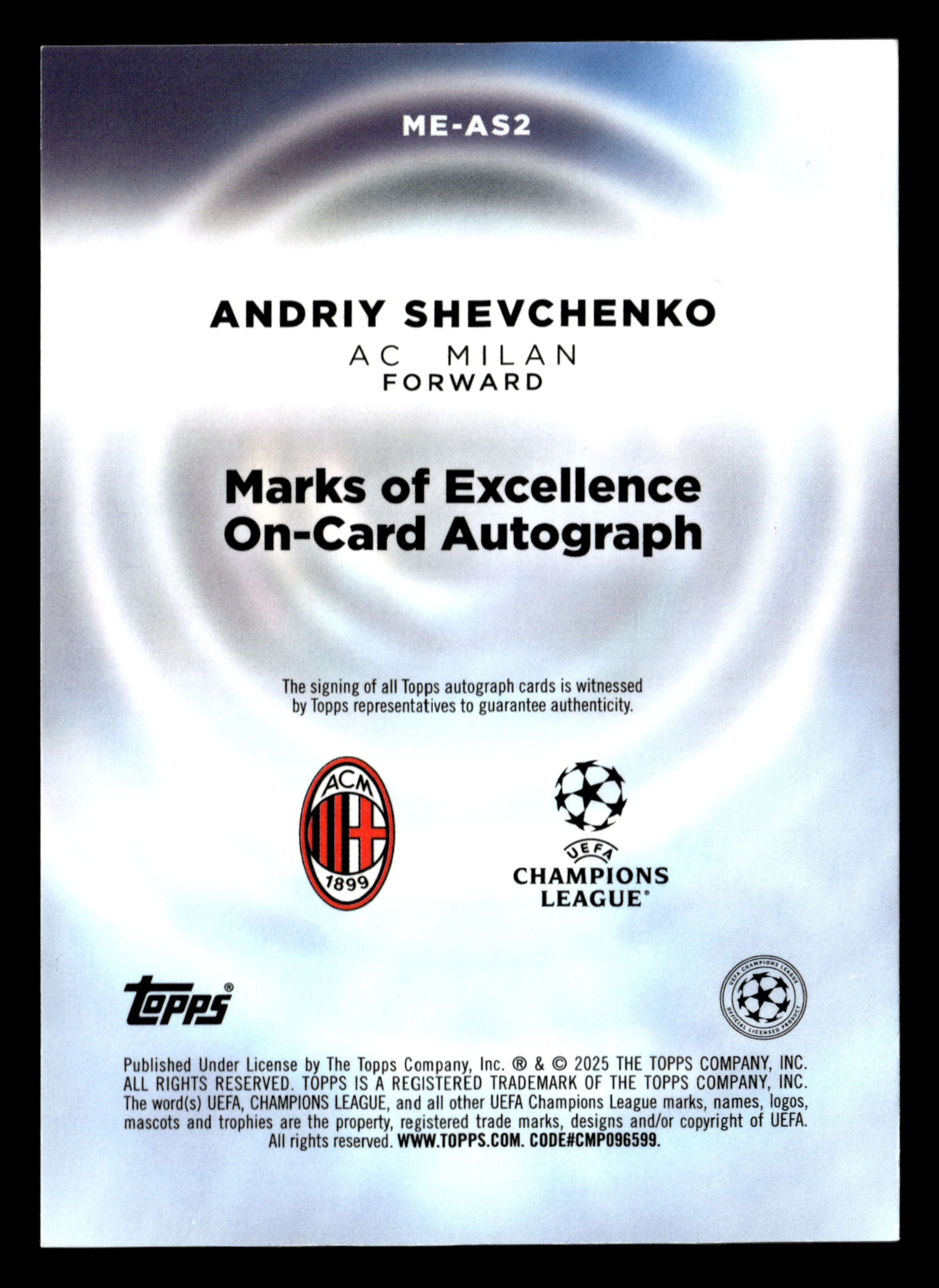 2025-26 Finest UCC #ME-AS2 Andriy Shevchenko Marks of Excellence Gold #1/50 - Image 2