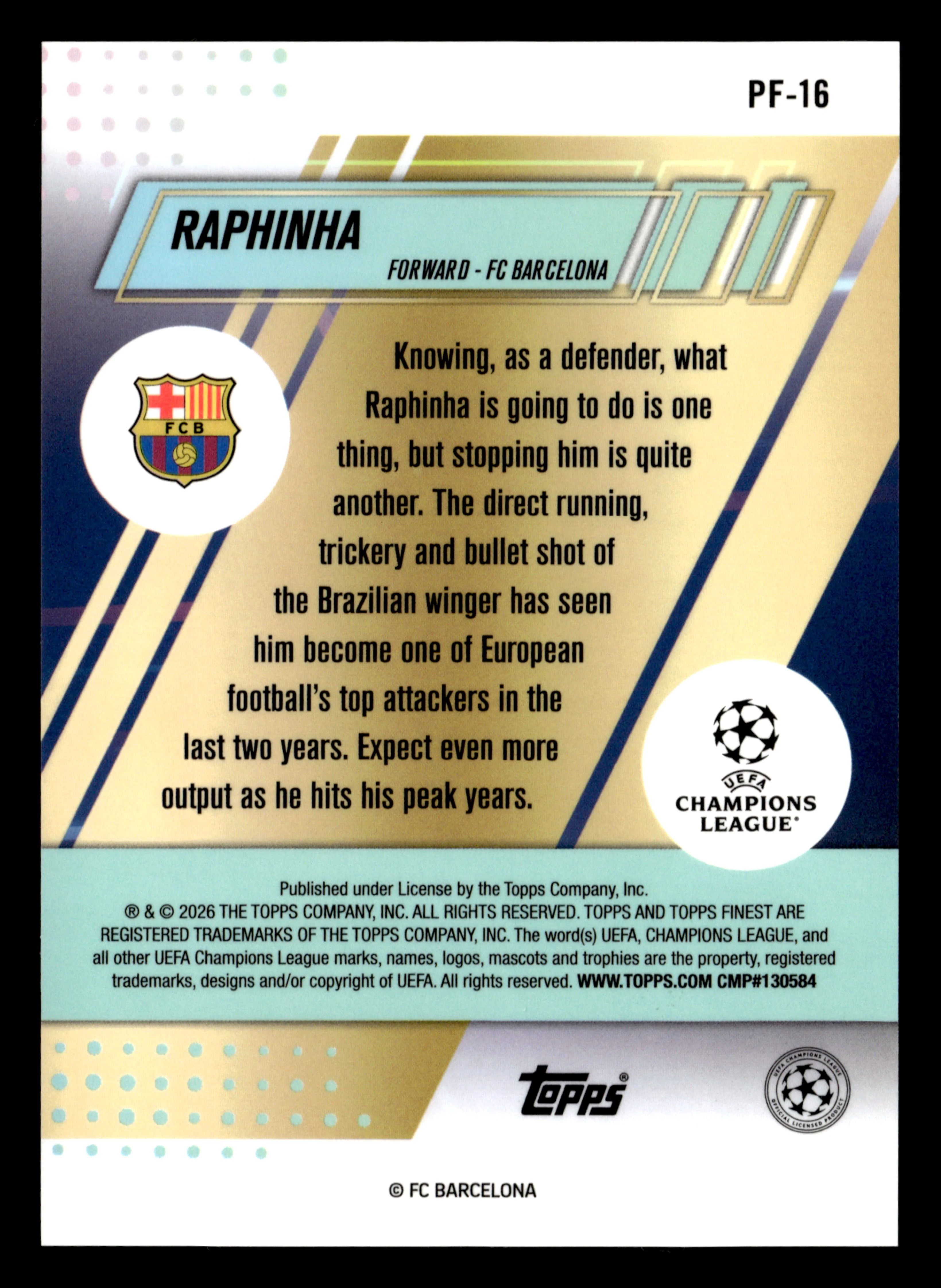 2025-26 Finest UCC #PF-16 Raphinha Prized Footballers Aqua Refractor #/199 - Image 2