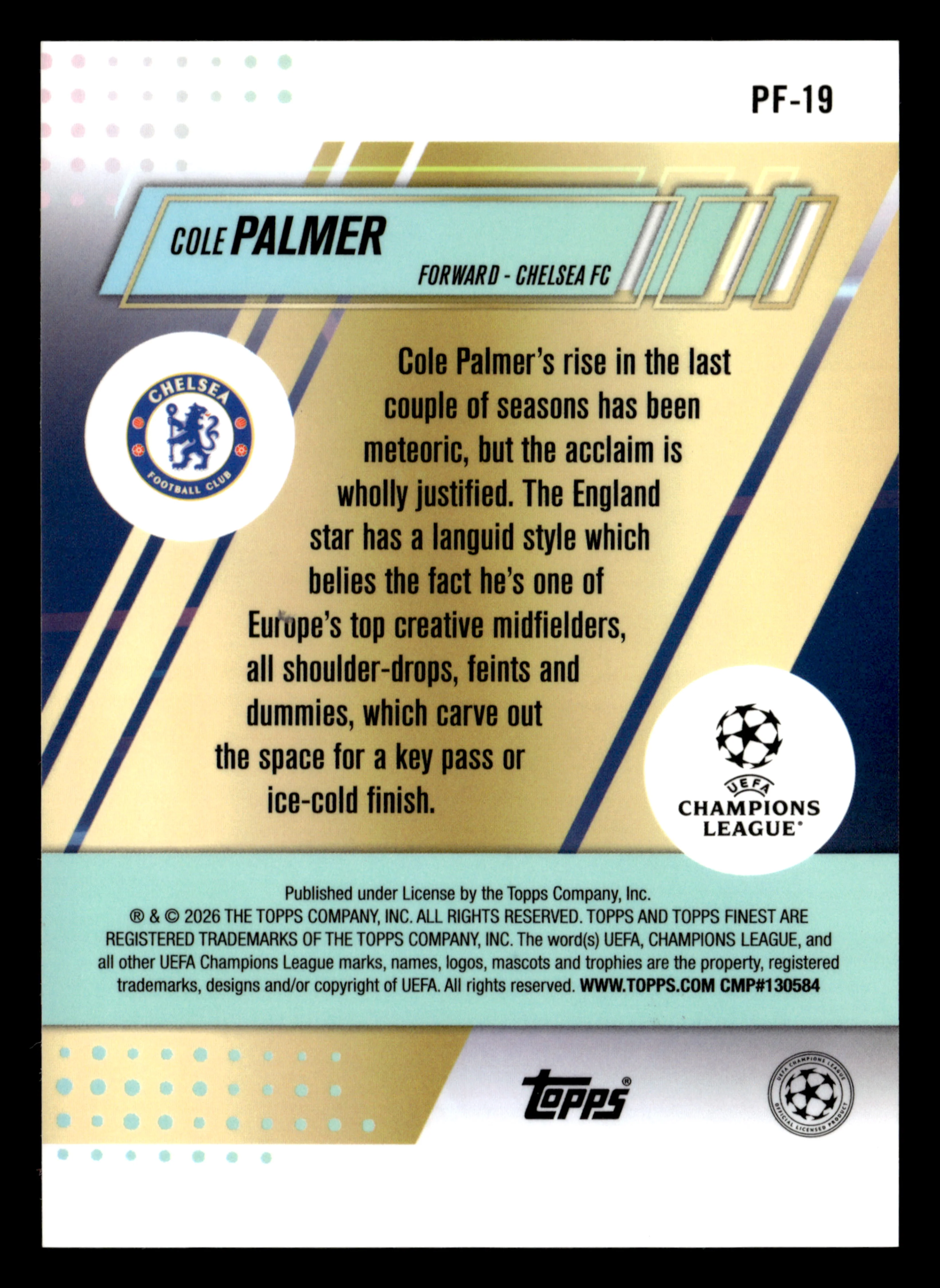 2025-26 Finest UCC #PF-19 Cole Palmer Prized Footballers Blue Refractor #/150 - Image 2