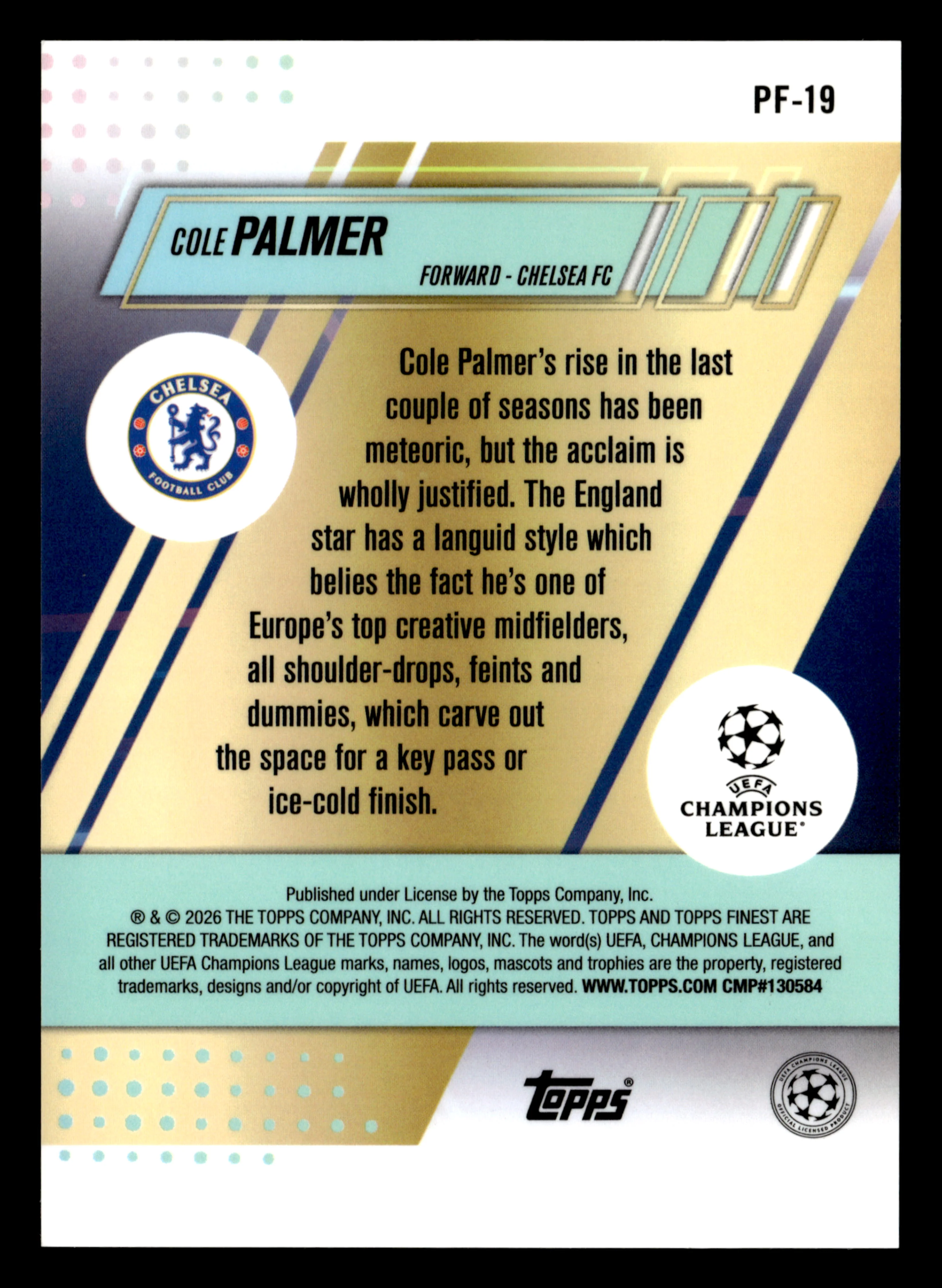 2025-26 Finest UCC #PF-19 Cole Palmer Prized Footballers Gold Refractor #/50 - Image 2