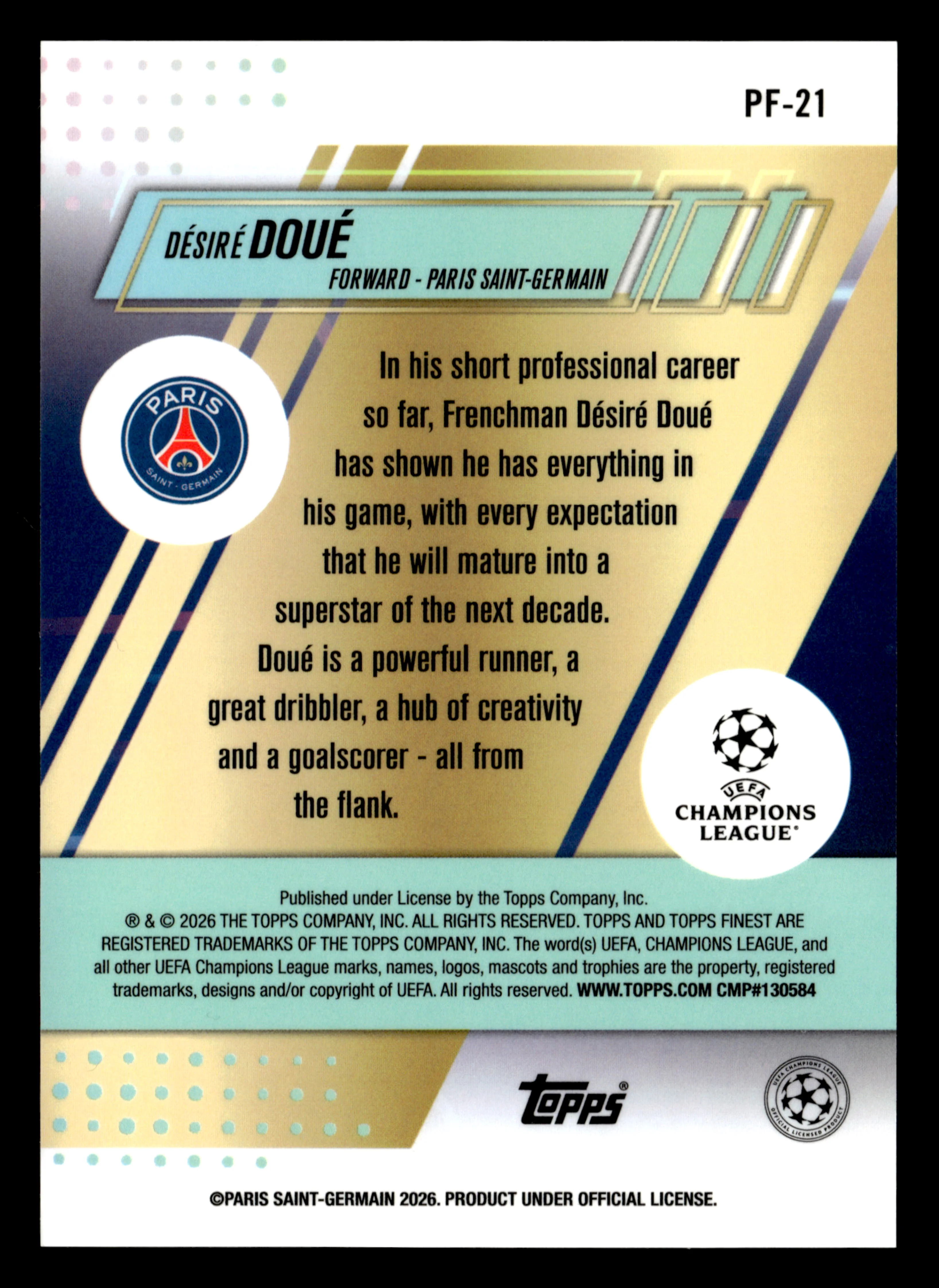 2025-26 Finest UCC #PF-21 Désiré Doué PF Purple Refractor #/75 - Image 2