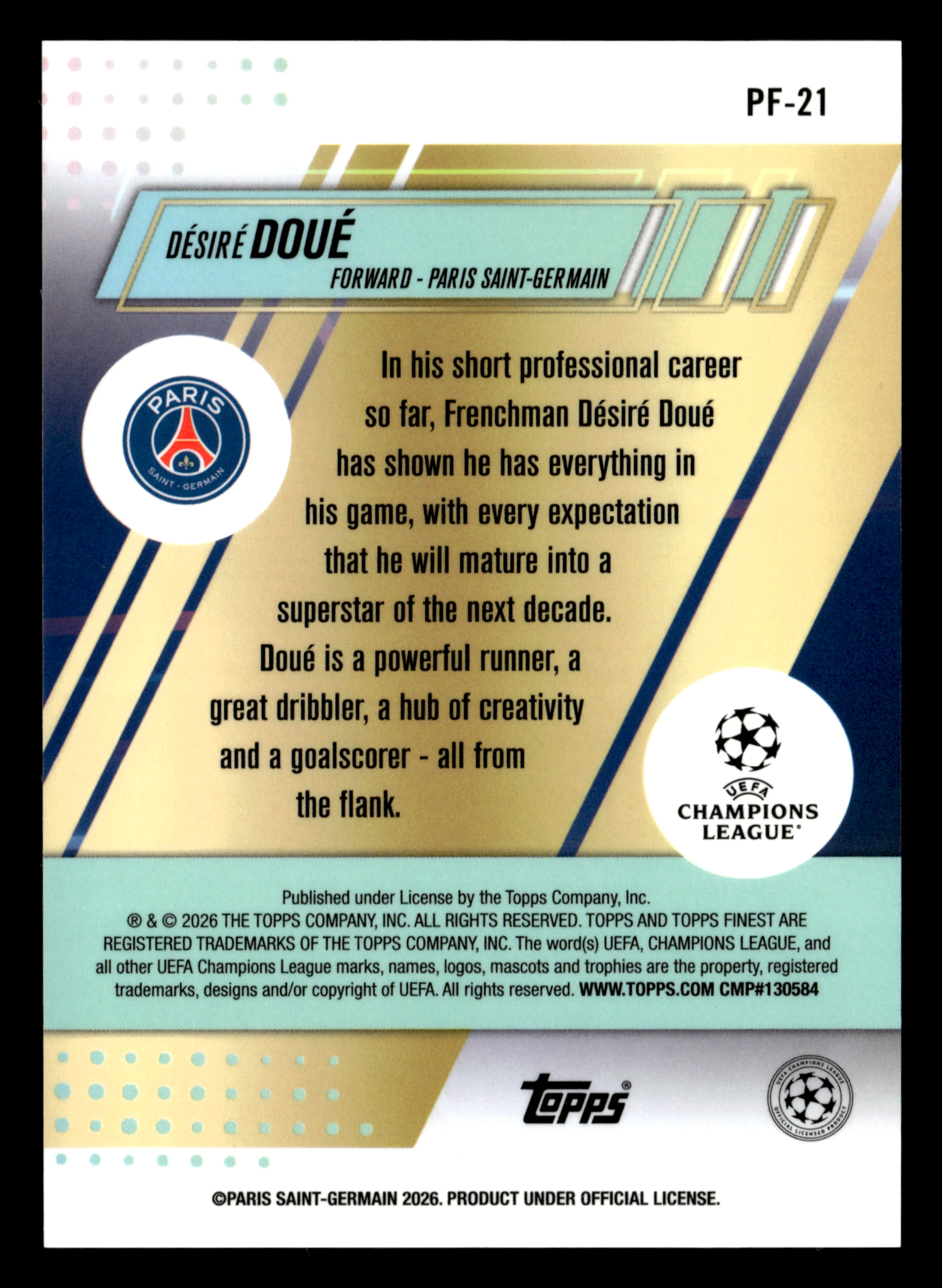 2025-26 Finest UCC #PF-21 Désiré Doué Prized Footballers Green Refractor #/99 - Image 2