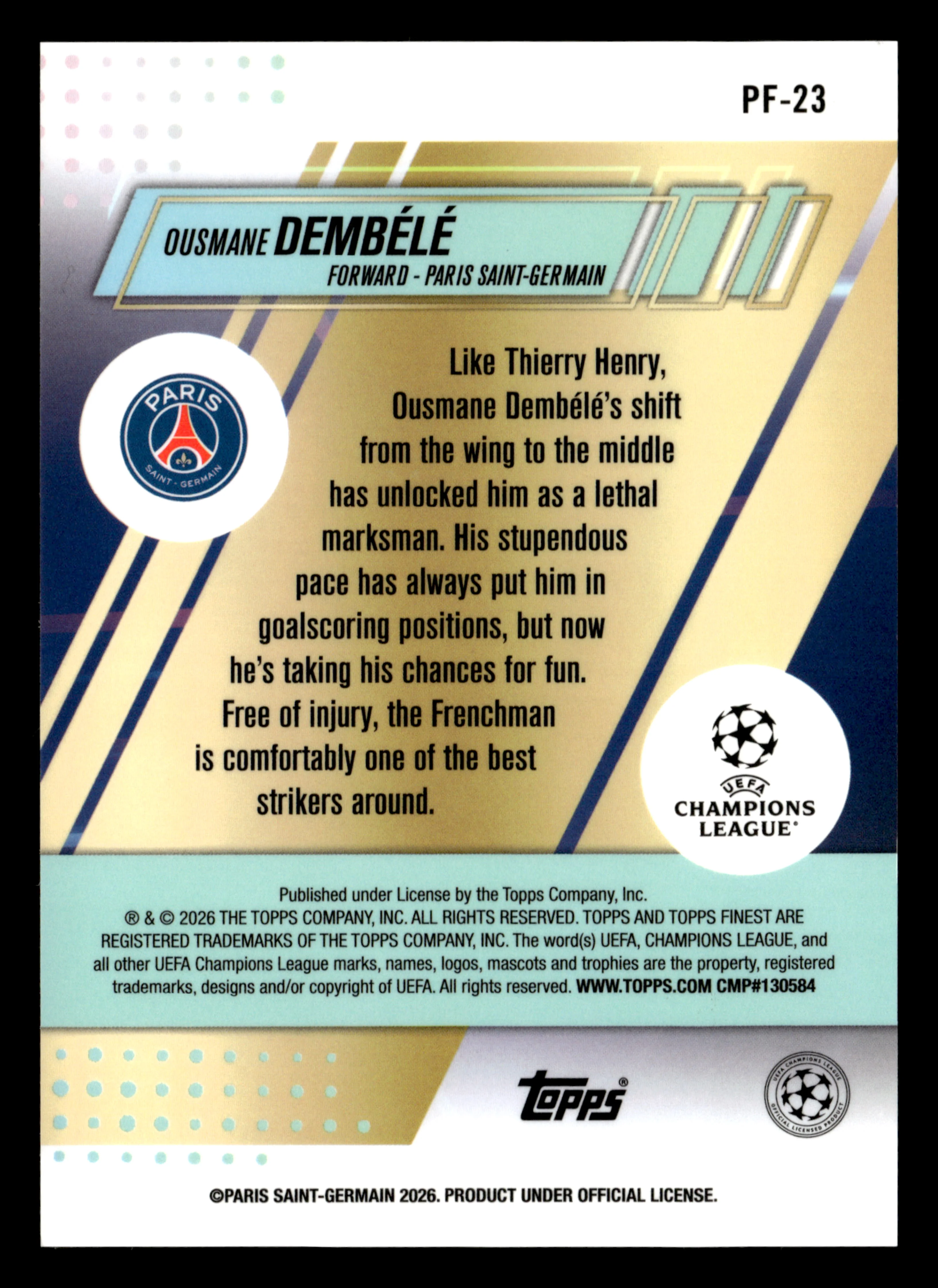 2025-26 Finest UCC #PF-23 Ousmane Dembélé PFs Gold Refractor #/50 - Image 2
