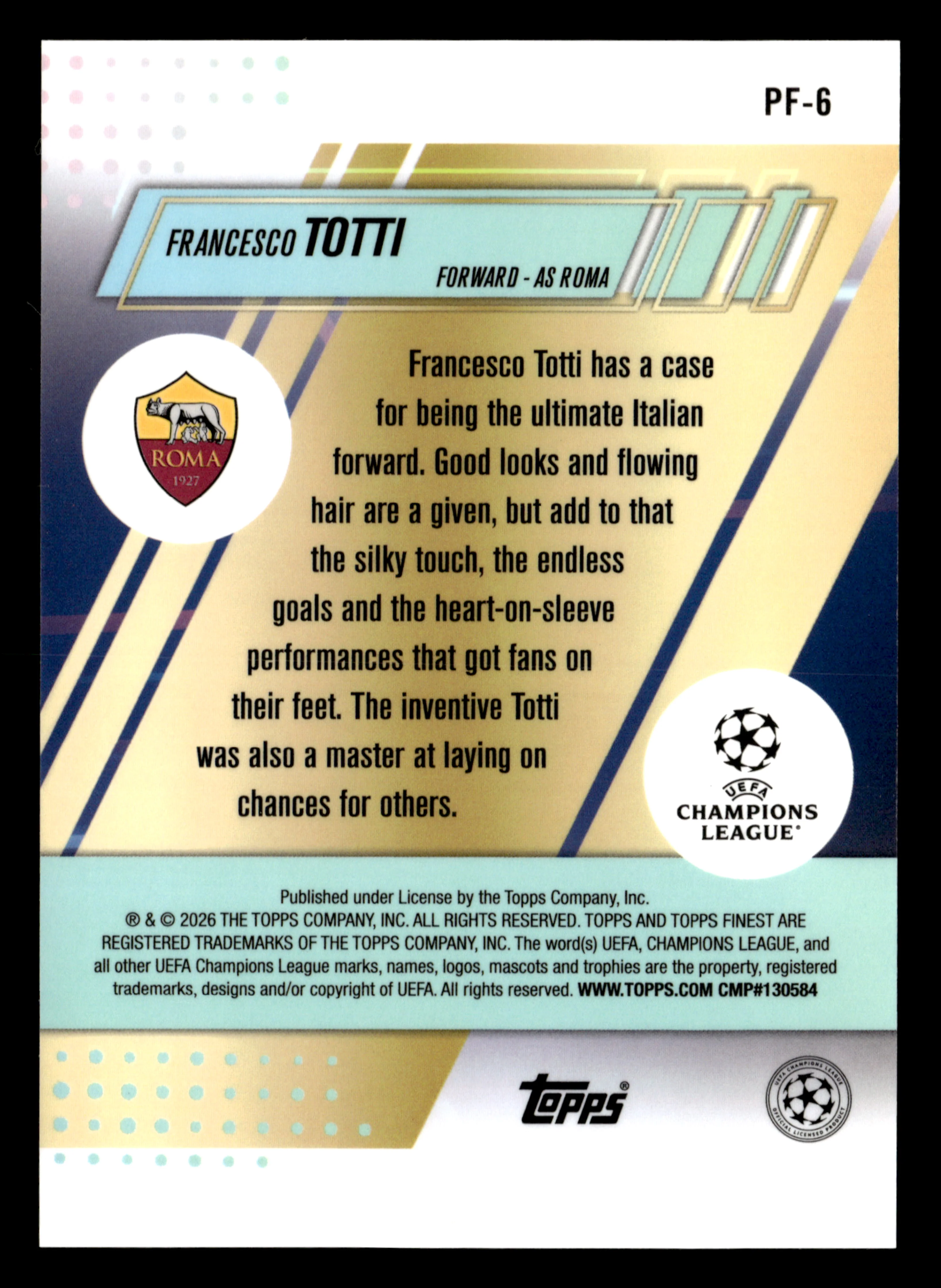 2025-26 Finest UCC #PF-6 Francesco Totti Prized Footballers Aqua Refractor #/199 - Image 2