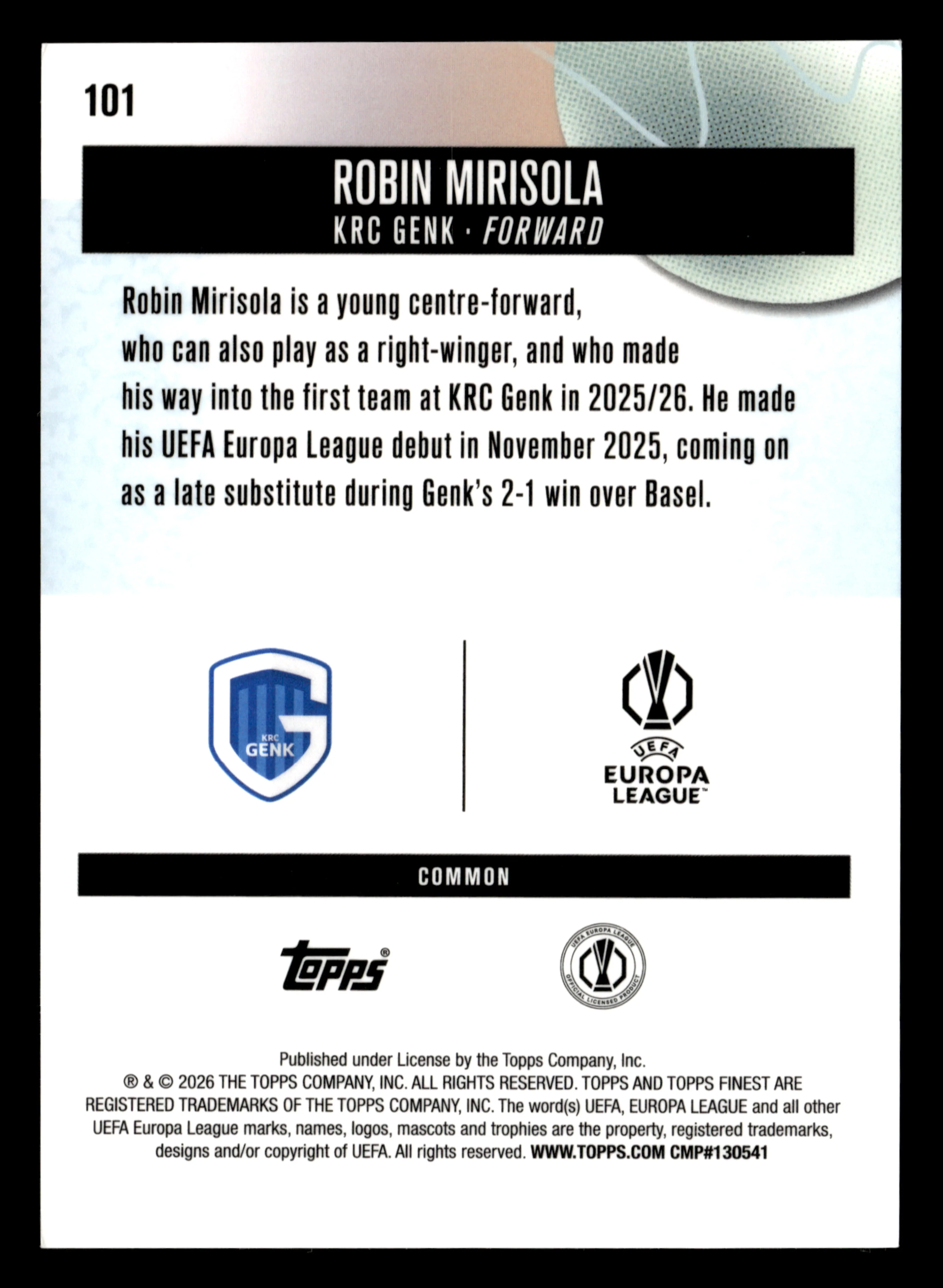 2025-26 Finest UEFA Club Competitions #101 Robin Mirisola Green Refractor #/75 - Image 2