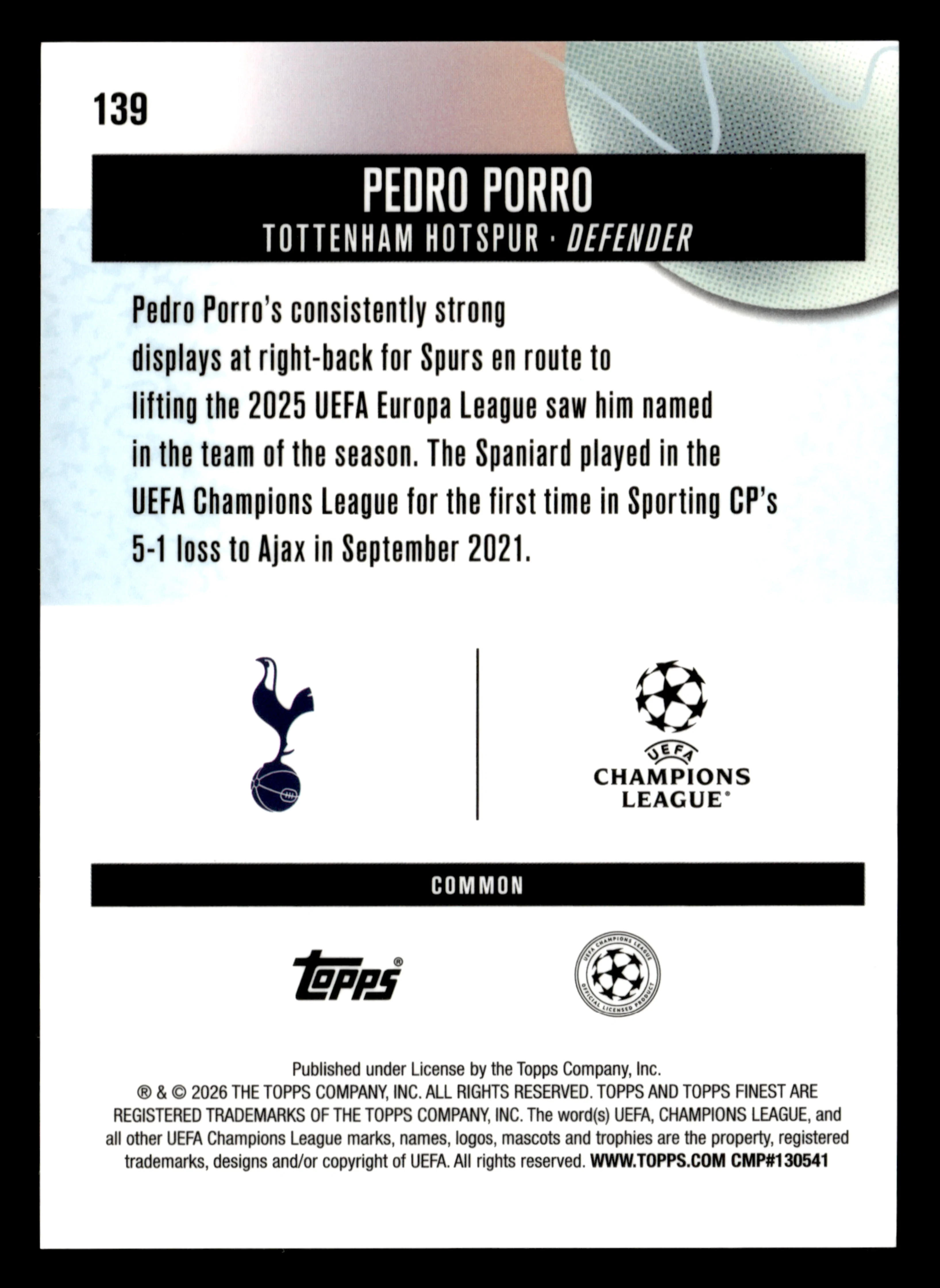 2025-26 Finest UEFA Club Competitions #139 Pedro Porro Black Refractor #/20 - Image 2