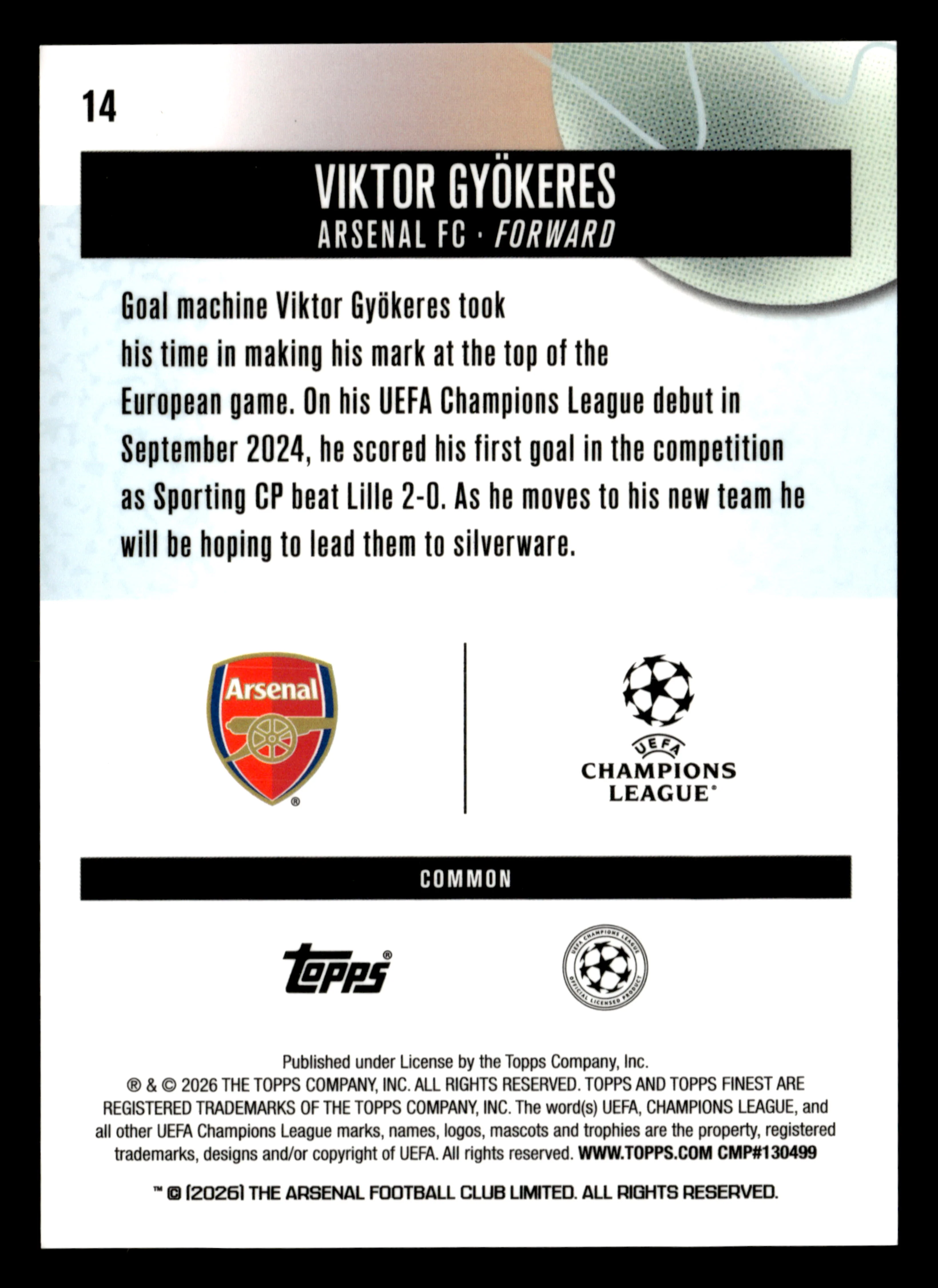 2025-26 Finest UEFA Club Competitions #14 Viktor Gyökeres Black Refractor #/20 - Image 2