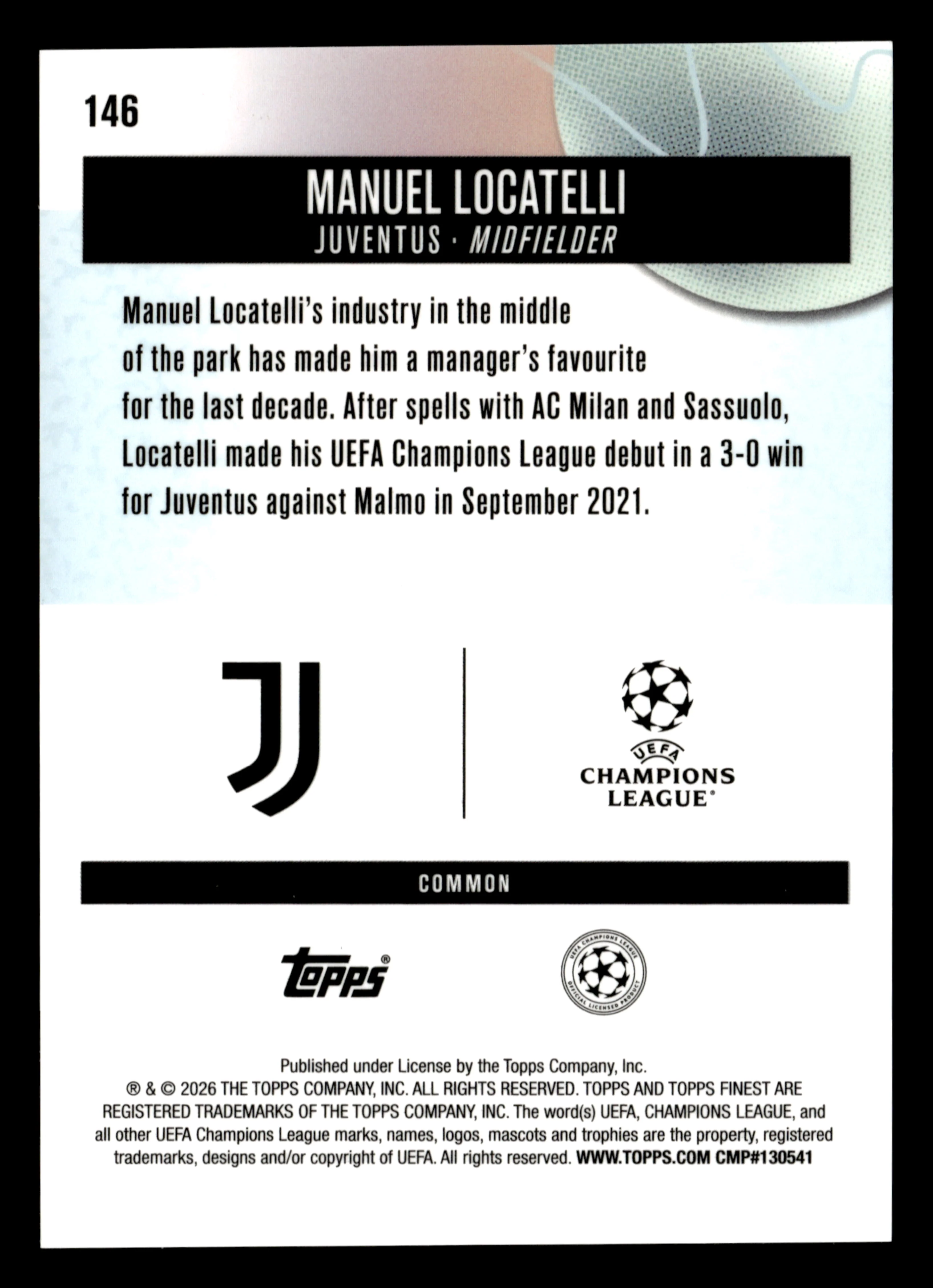 2025-26 Finest UEFA Club Competitions #146 Manuel Locatelli Blue Refractor #/200 - Image 2