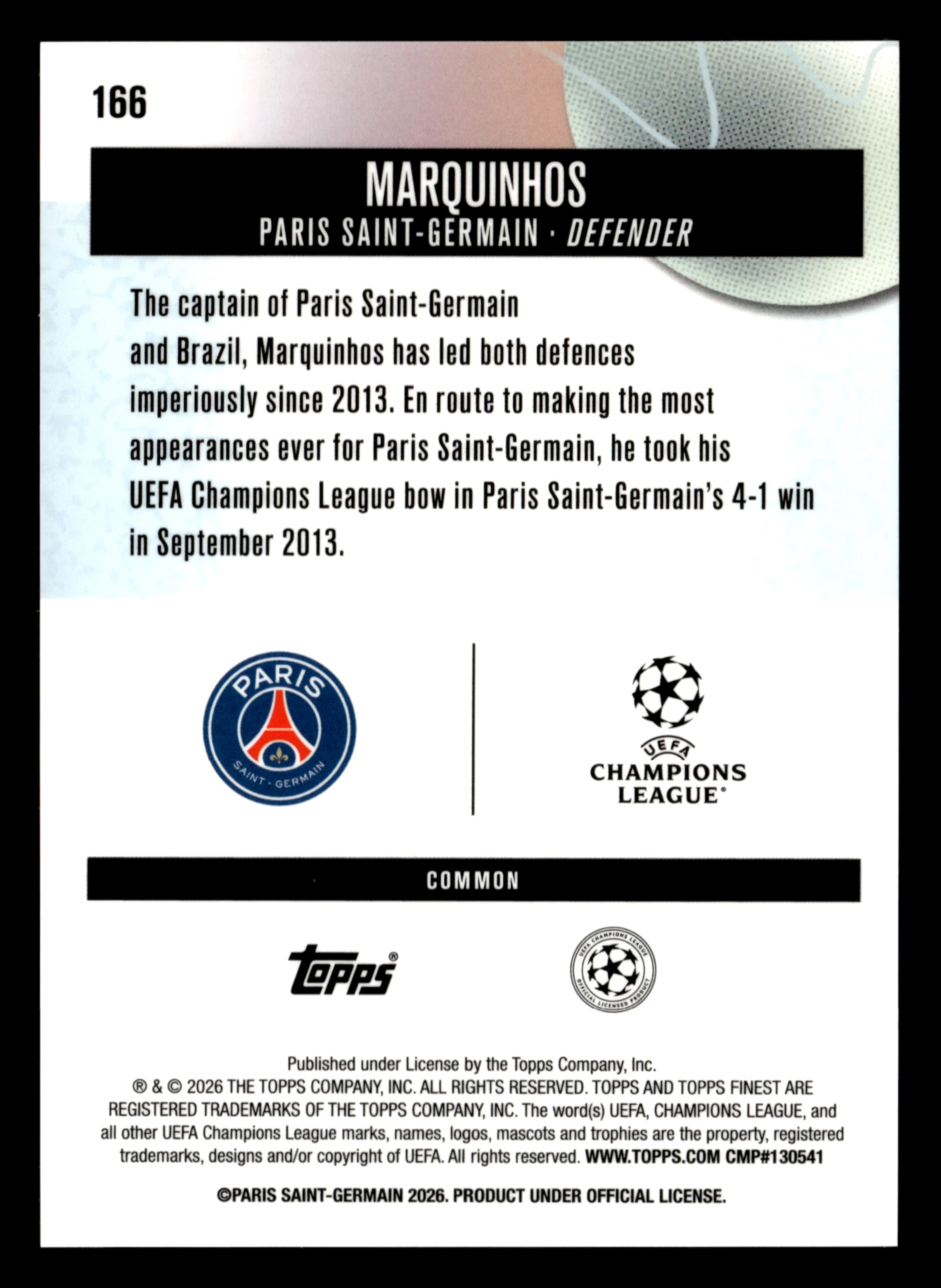 2025-26 Finest UEFA Club Competitions #166 Marquinhos Green Refractor #/75 - Image 2