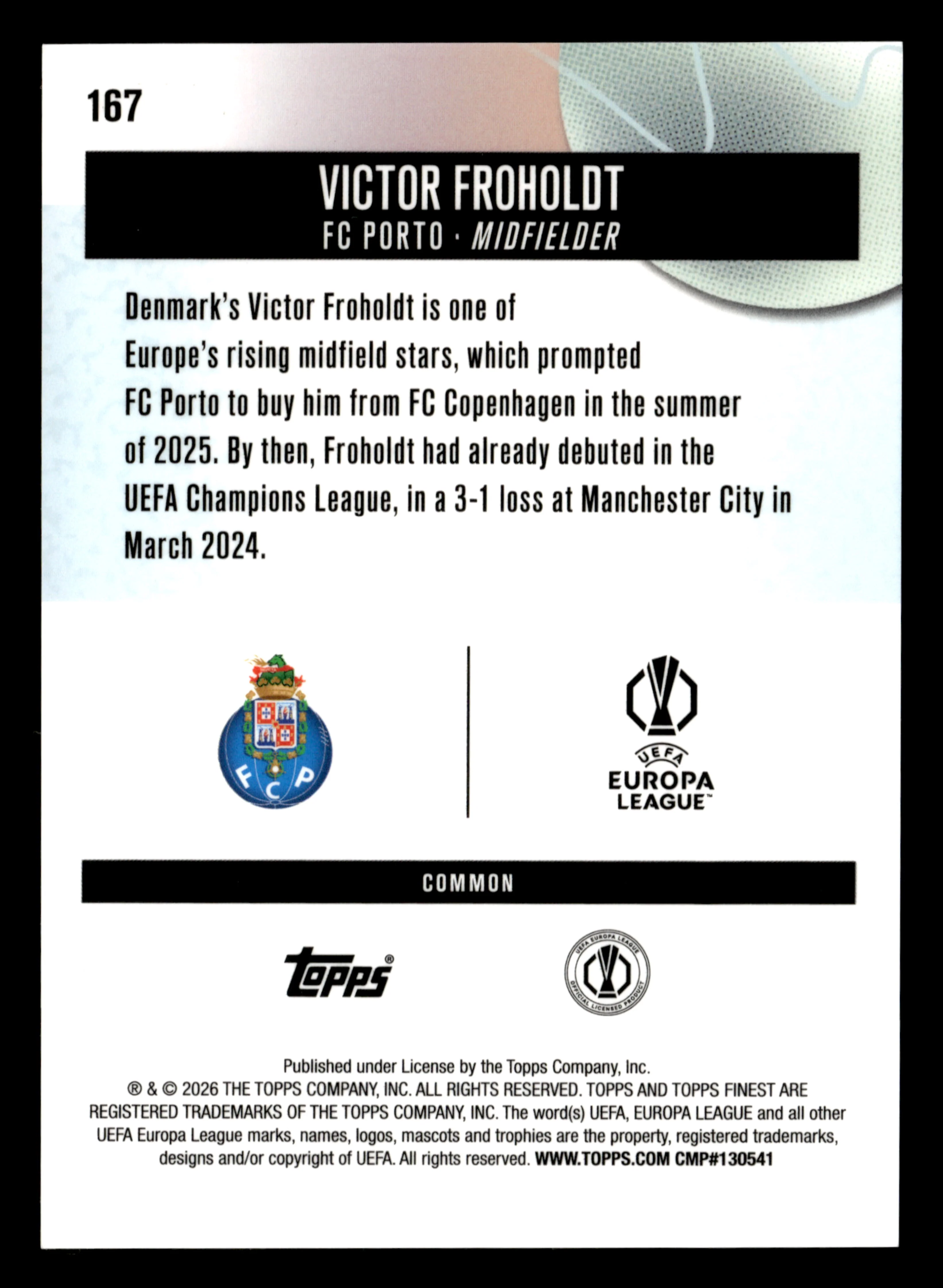 2025-26 Finest UEFA Club Competitions #167 Victor Froholdt Blue Refractor #/200 - Image 2