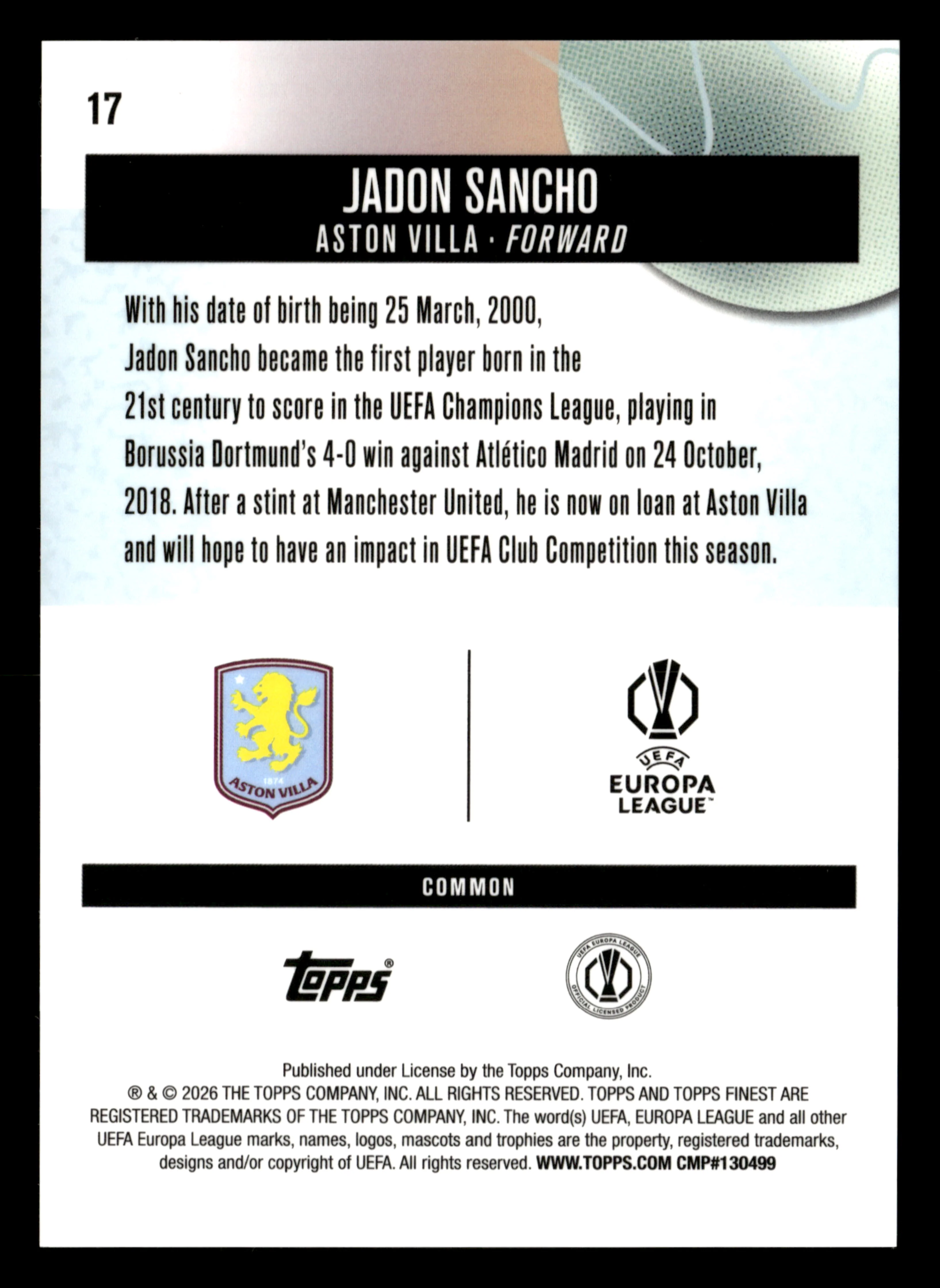 2025-26 Finest UEFA Club Competitions #17 Jadon Sancho Blue Refractor #/200 - Image 2