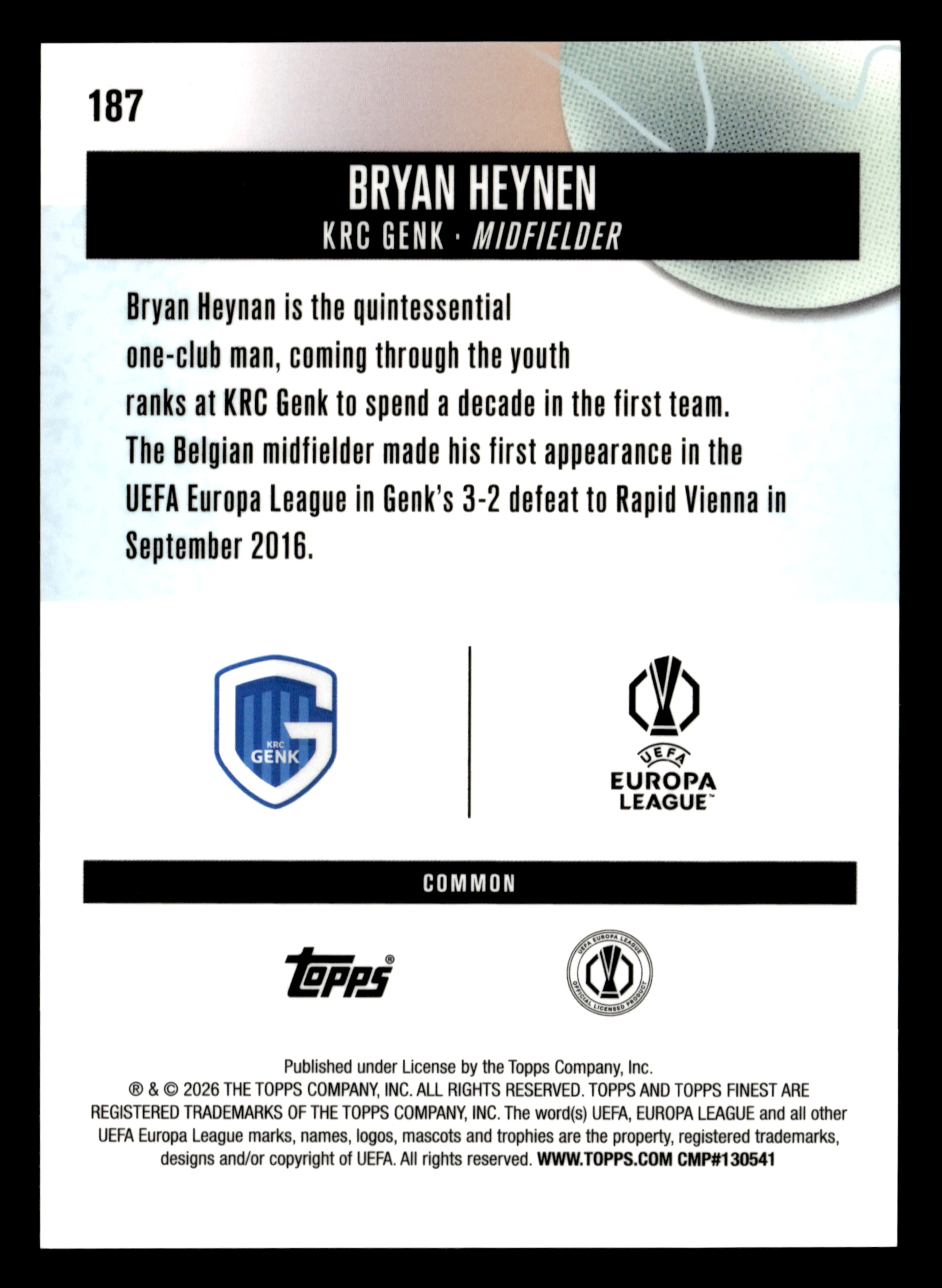 2025-26 Finest UEFA Club Competitions #187 Bryan Heynen Blue Refractor #/200 - Image 2