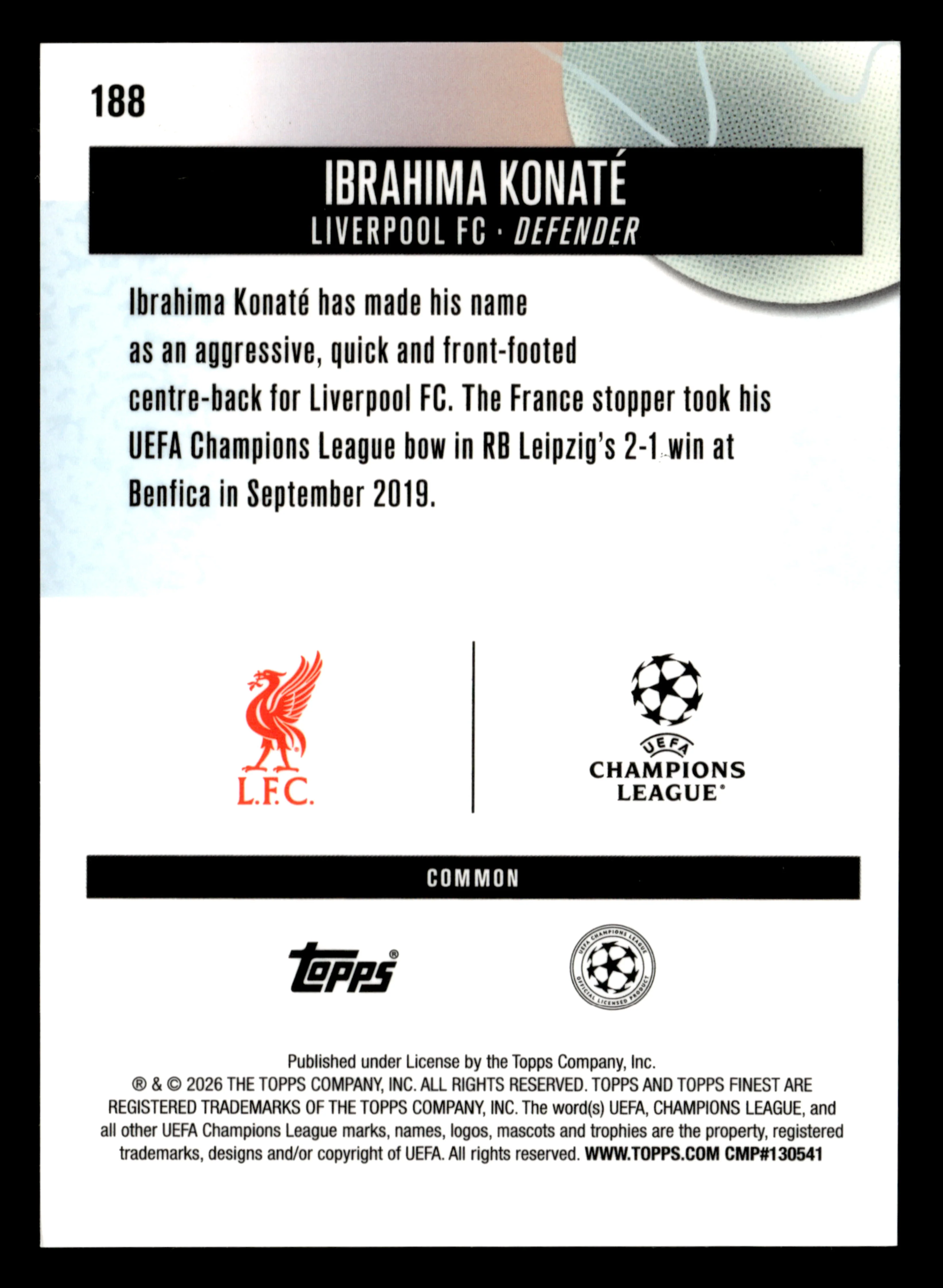 2025-26 Finest UEFA Club Competitions #188 Ibrahima Konaté Blue Refractor #/200 - Image 2