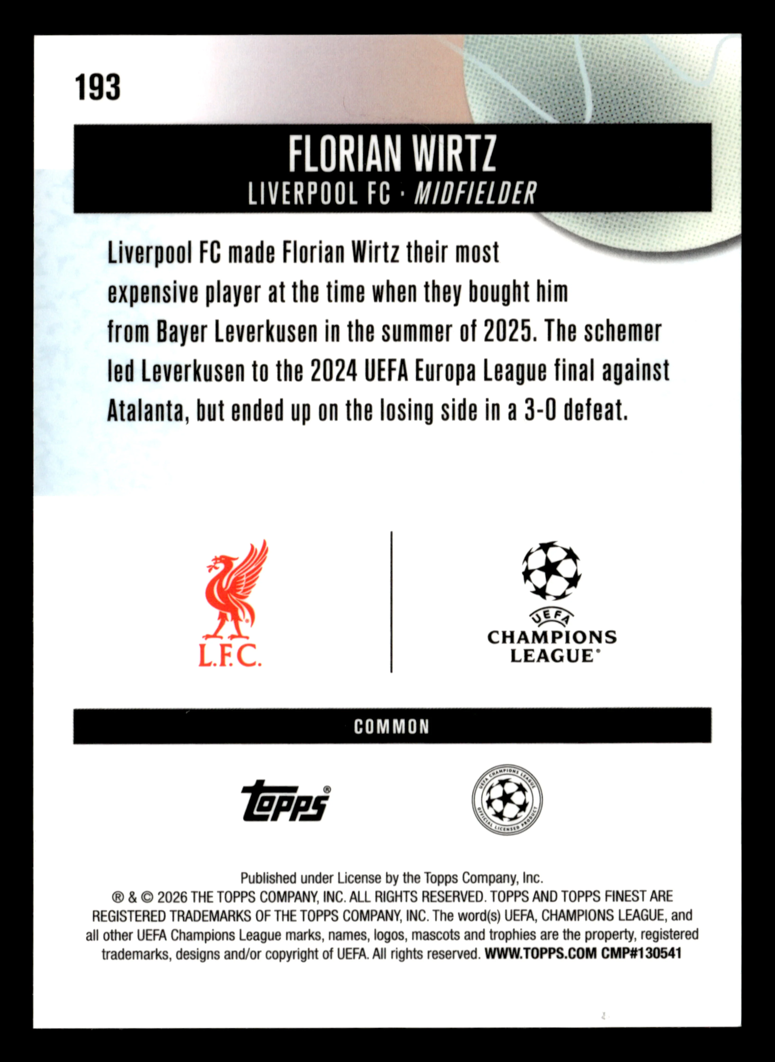 2025-26 Finest UEFA Club Competitions #193 Florian Wirtz Orange Refractor #/25 - Image 2